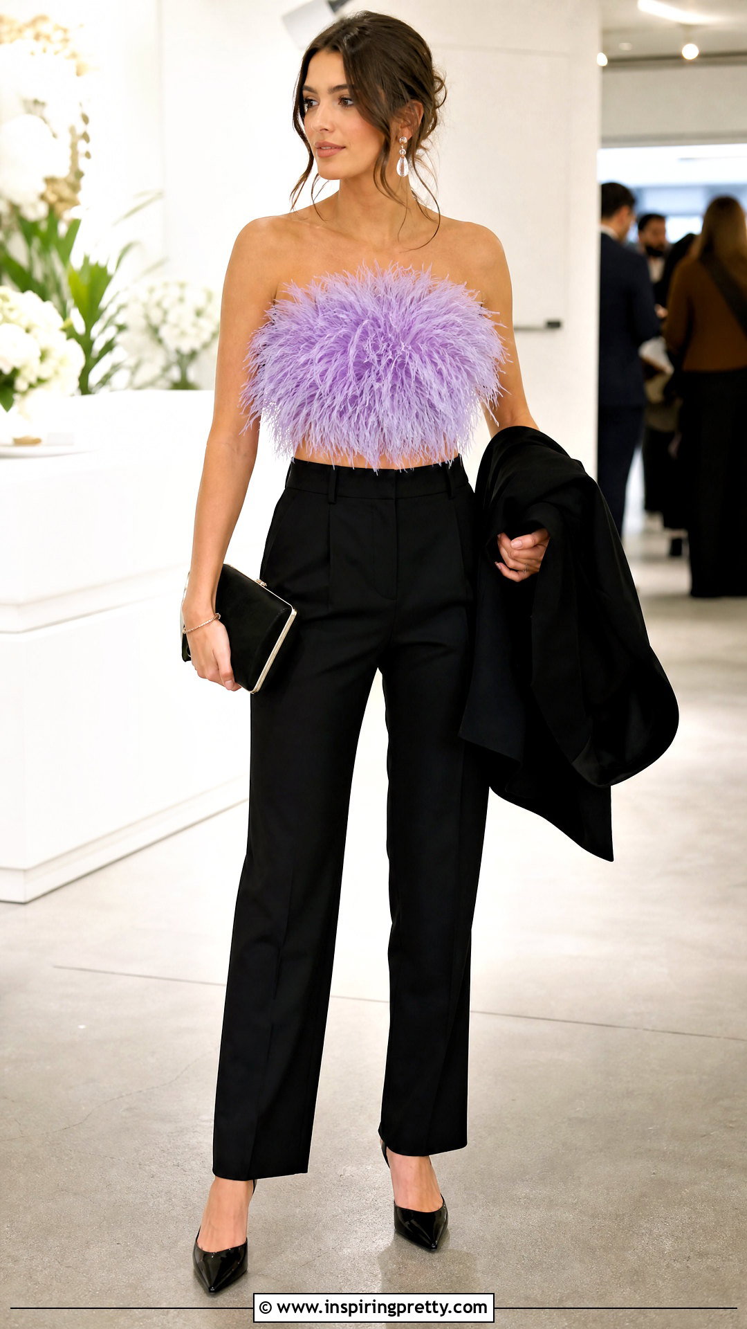 Feathery Crop Top With High Waisted Trousers - 25 Feathery Top Outfit ideas