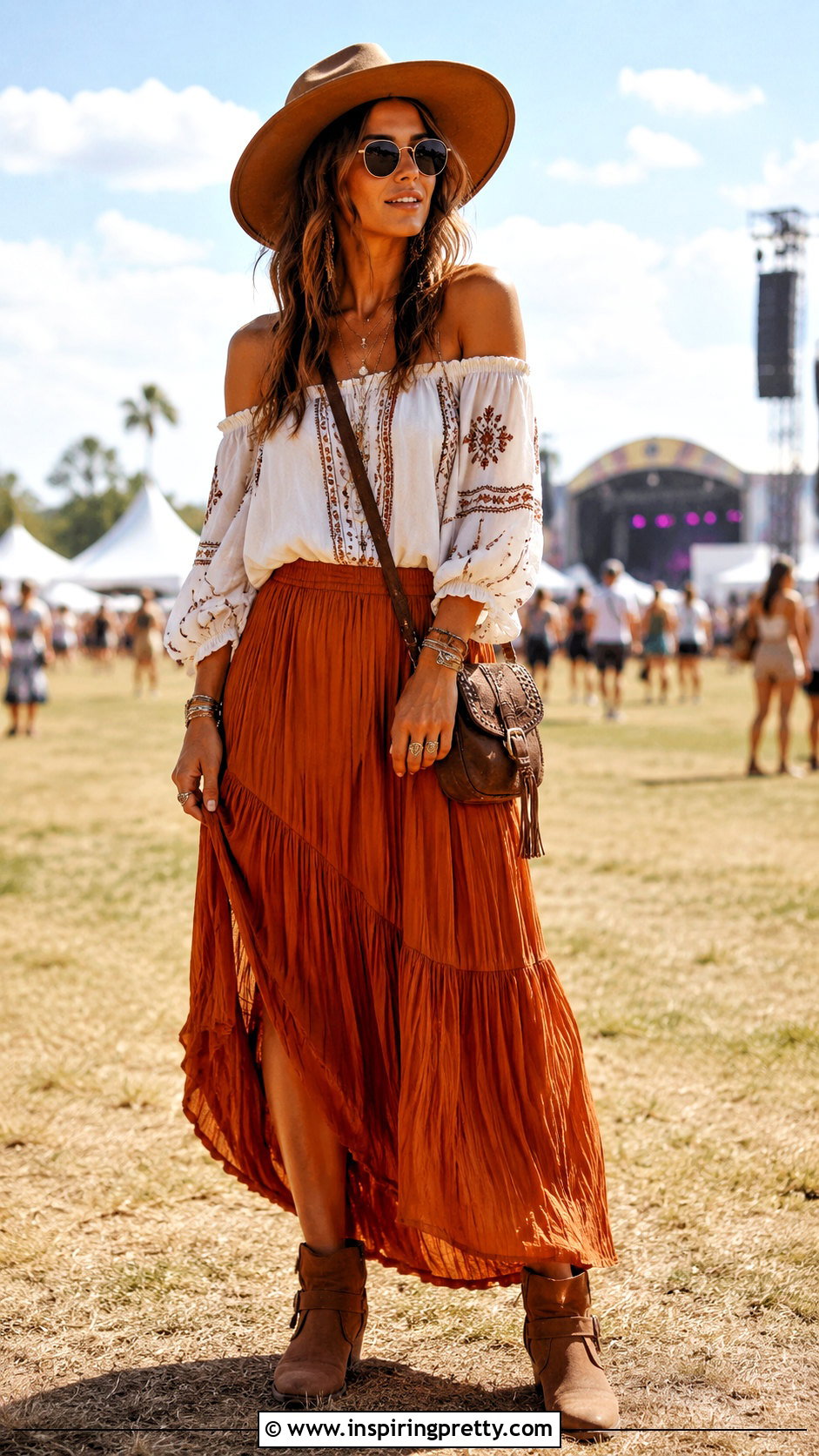 Festival Off Shoulder Top With Maxi Skirt - how to style off shoulder top (50 ways)