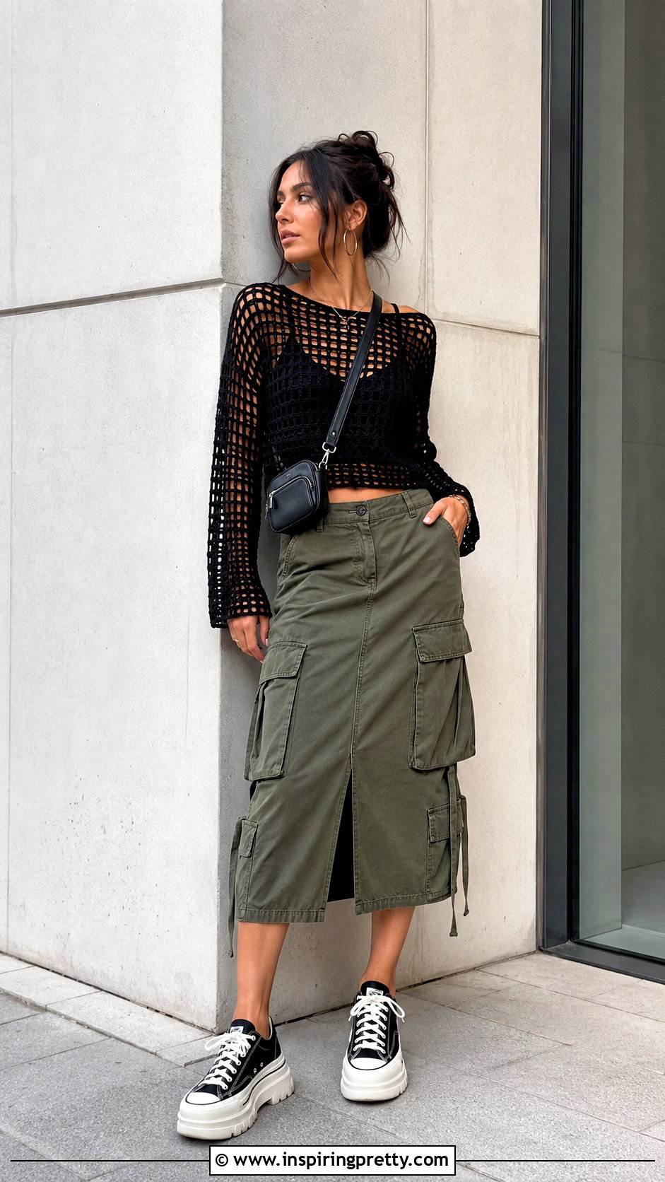 Filet Crochet Top With Cargo Midi Skirt - 50 filet crochet top outfit ideas