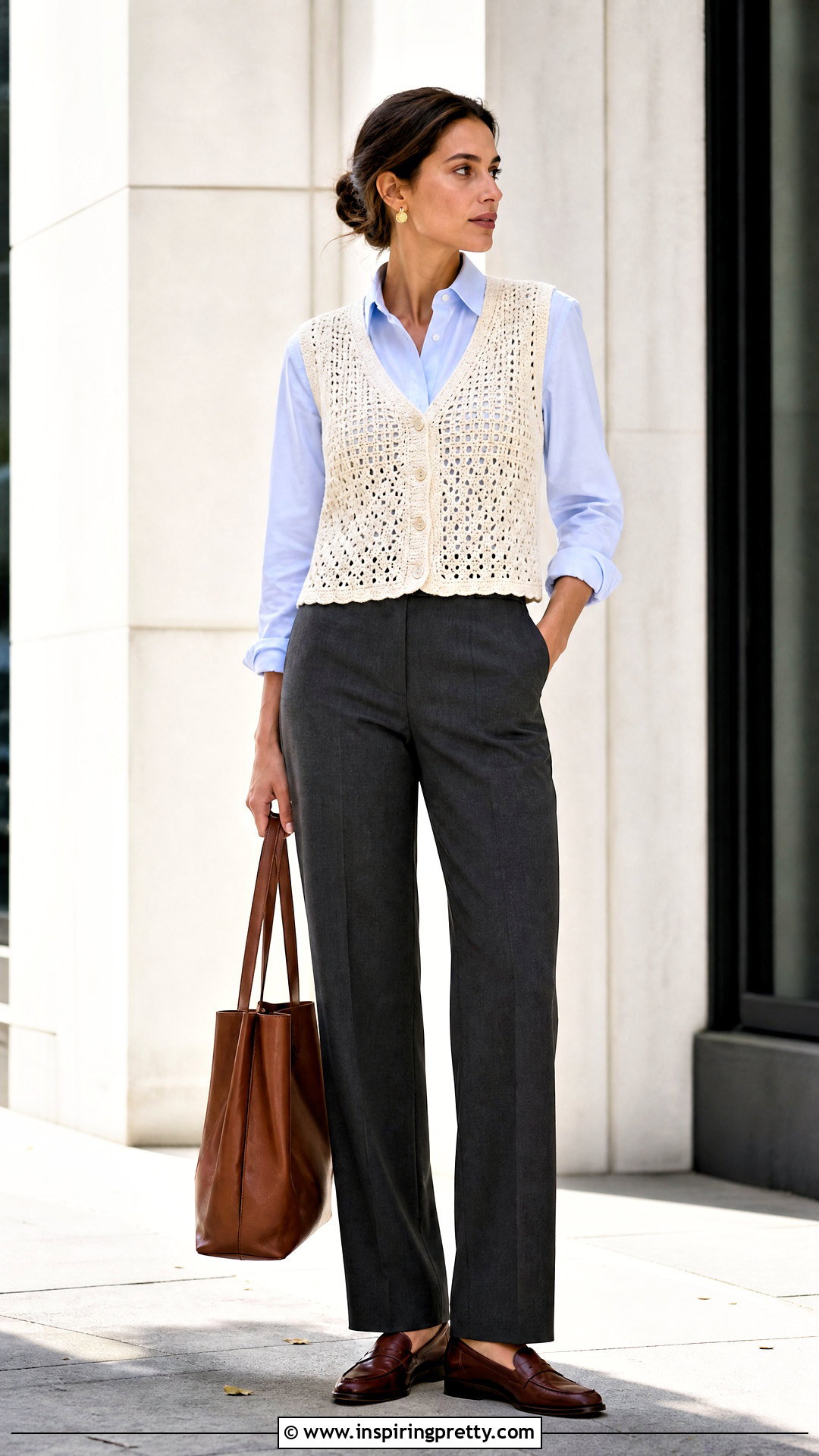 Filet Crochet Vest Over A Button Down Shirt - 50 fillet crochet top outfit ideas