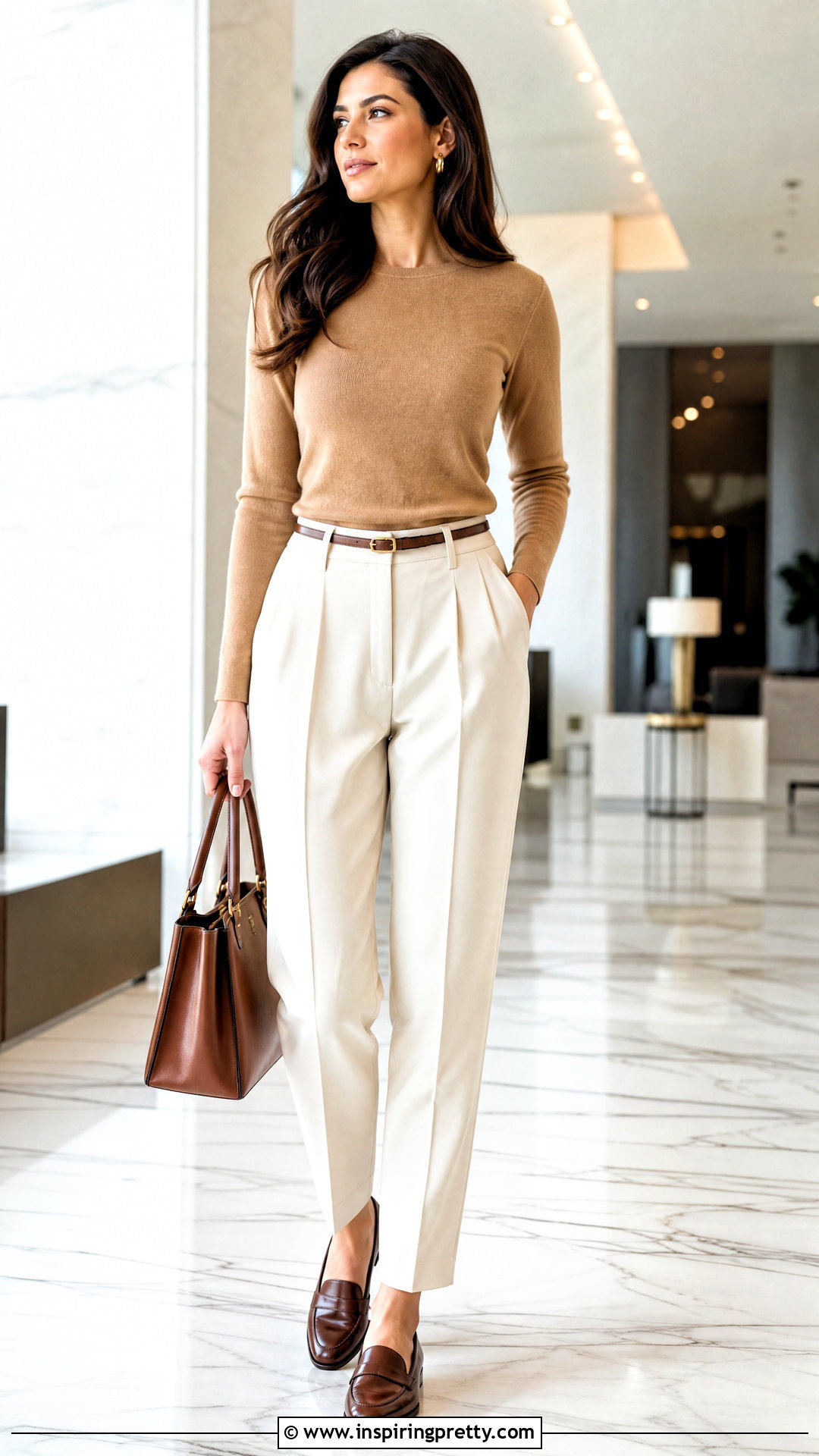 Fine Knit Top With Pleated Trousers - 50 elegant tops outfit ideas