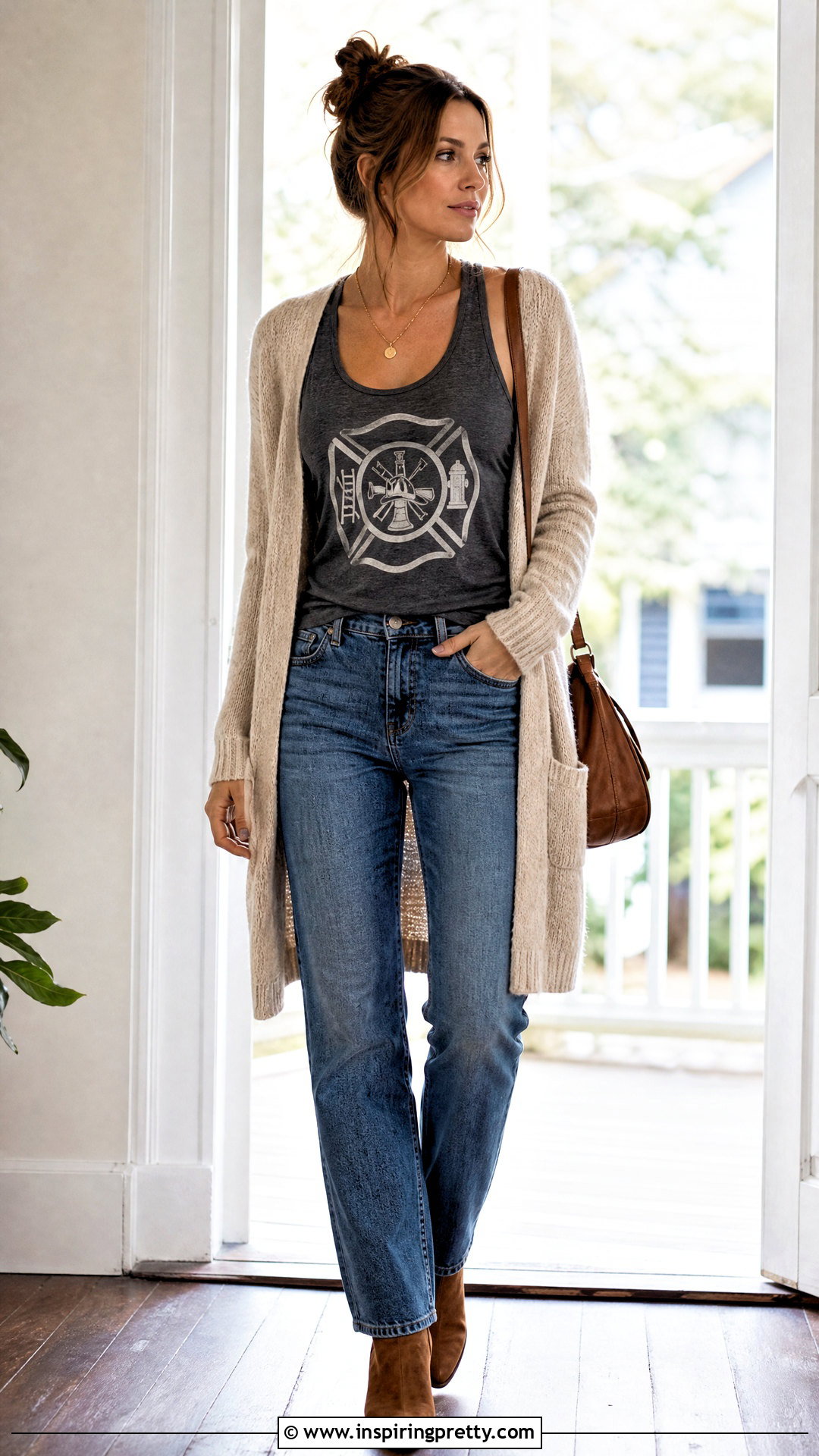 Firefighter Tank Top With A Cardigan And Jeans - 20 firefighter tank top outfit ideas