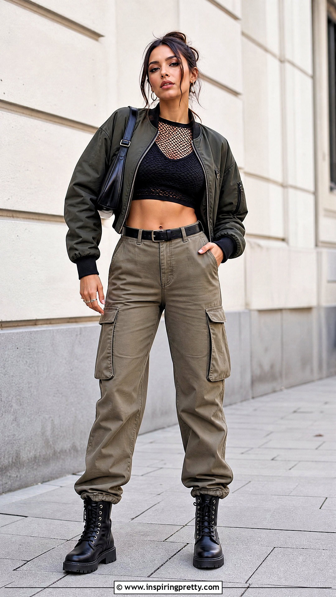Fishnet Crop Top And Khaki Cargo Pants Outfit - 20 fishnet top cargo pants