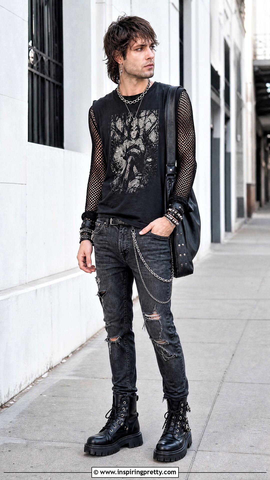 Fishnet Goth Top With Band Tee And Combat Boots - 25 goth tops men