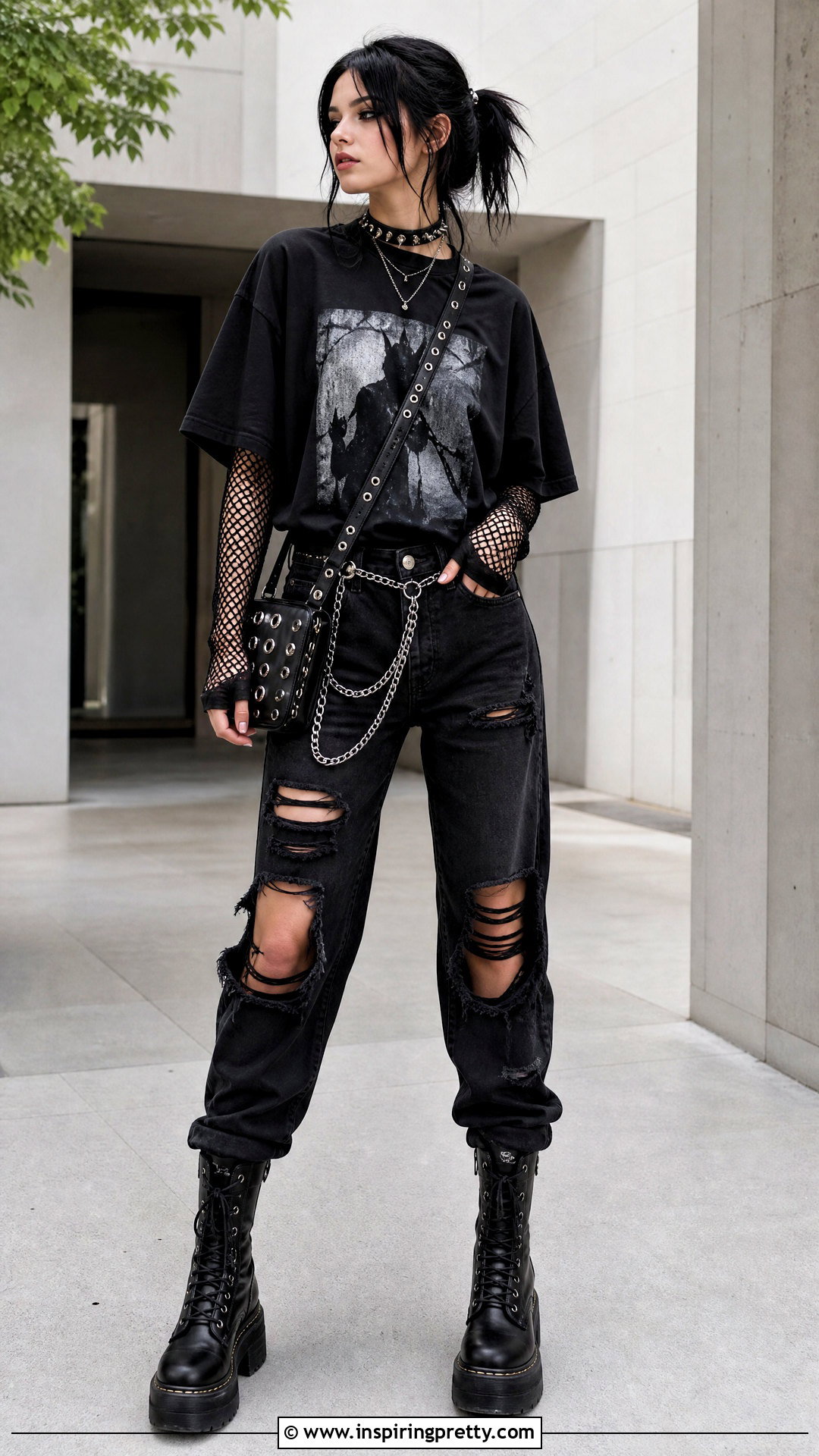 Fishnet Goth Top With Graphic T Shirt - 50 goth tops outfit ideas