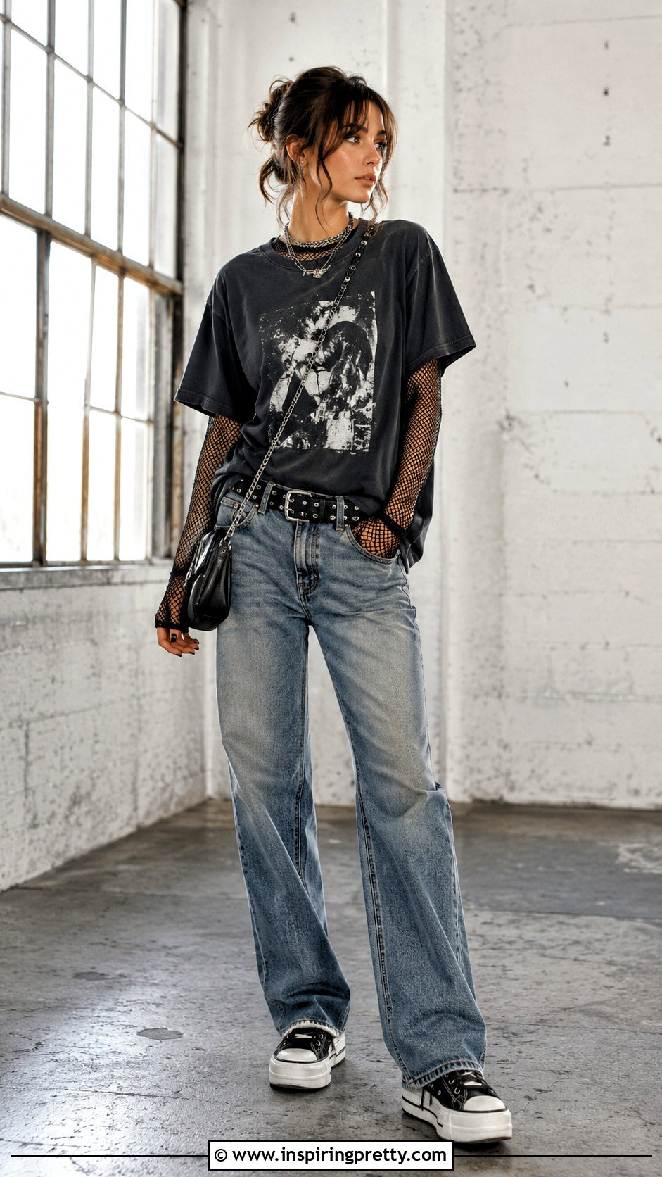 Fishnet Layer With Graphic Tee And Jeans - 50 alt tops outfit ideas