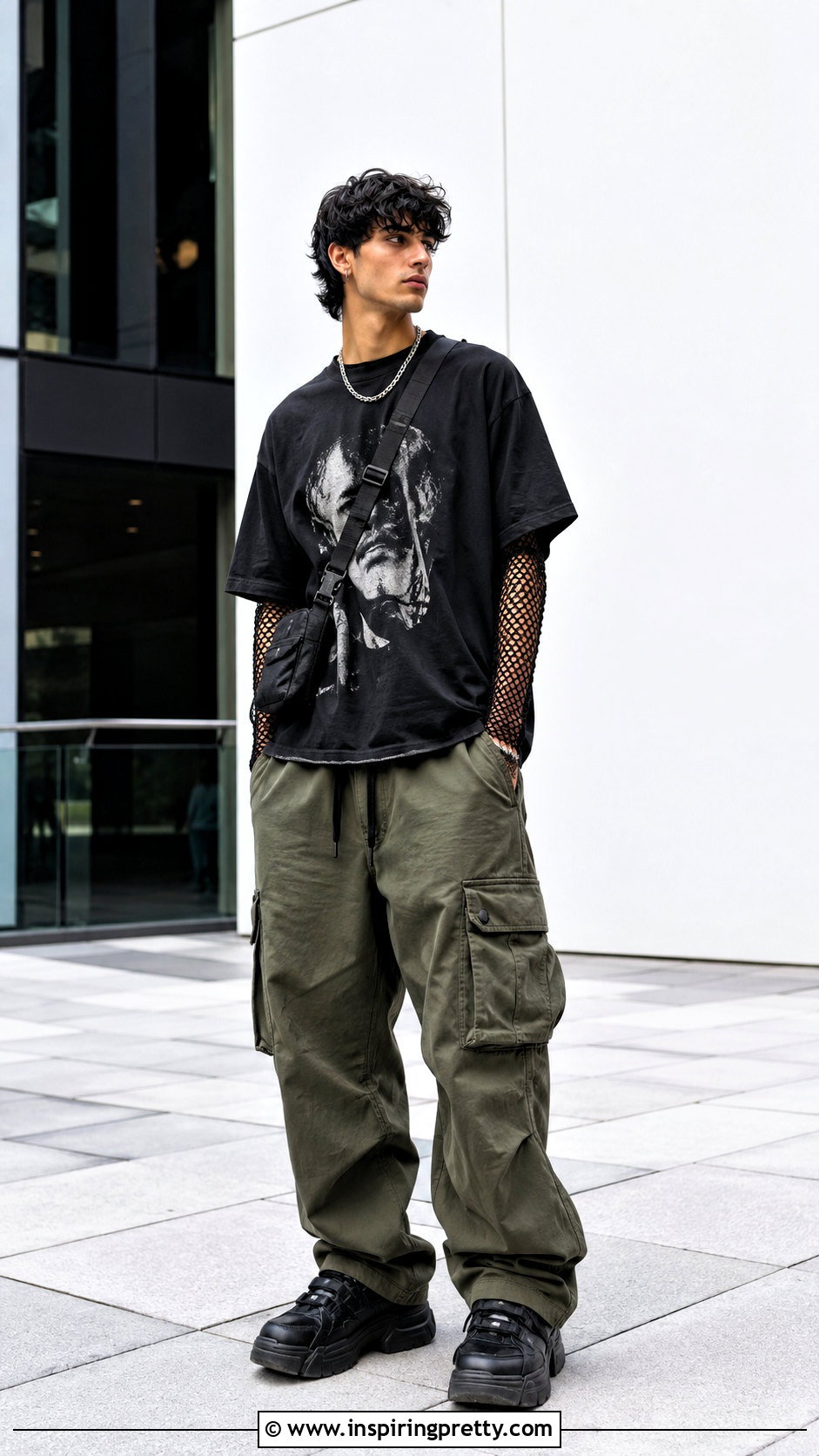 Fishnet Long Sleeve Top With Graphic T Shirt And Cargos - 20 Mesh Long Sleeve Top Mens