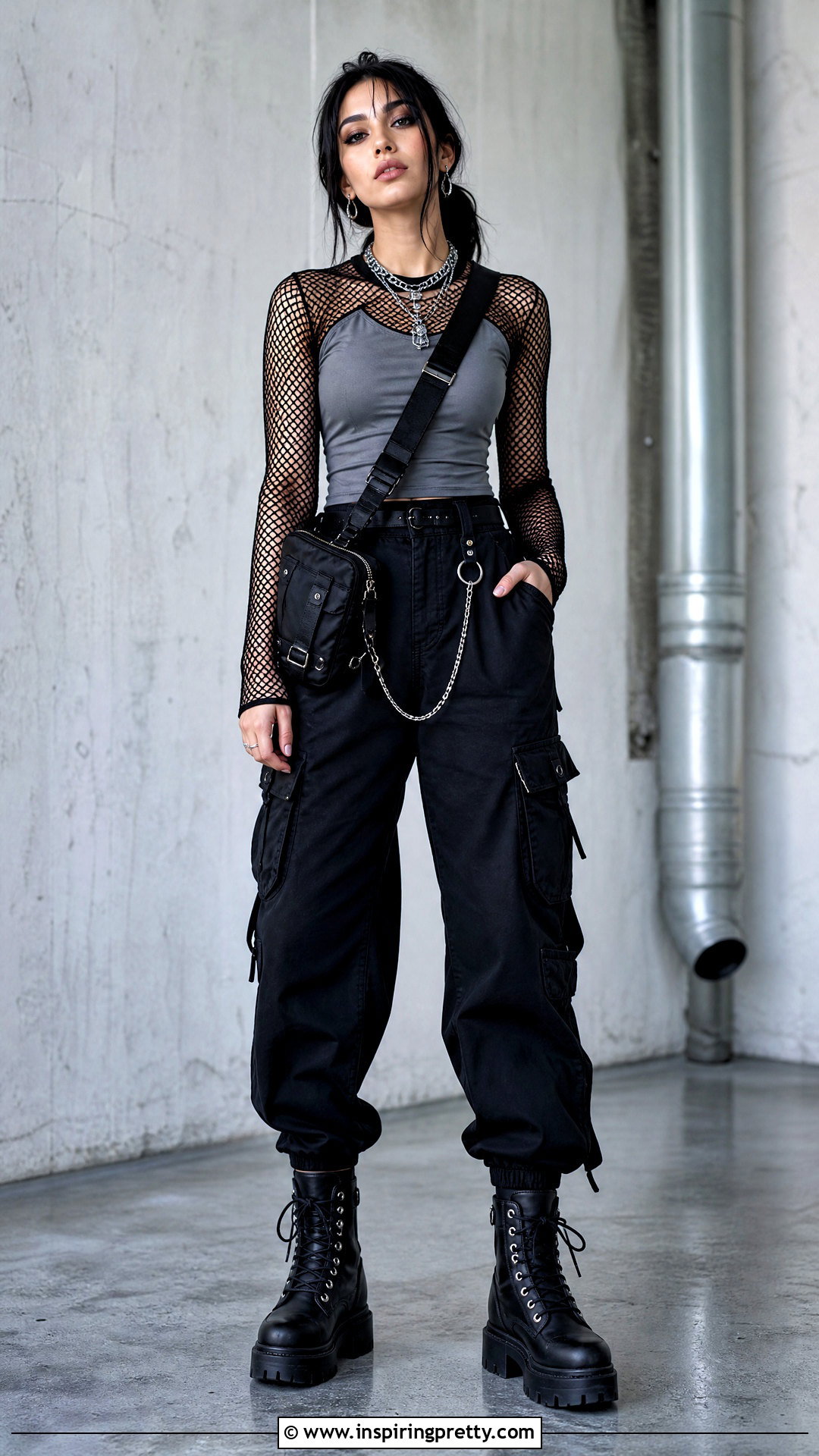 Fishnet Tights Top With Black Cargo Pants - 25 Fishnet Tights As A Top Outfit Ideas