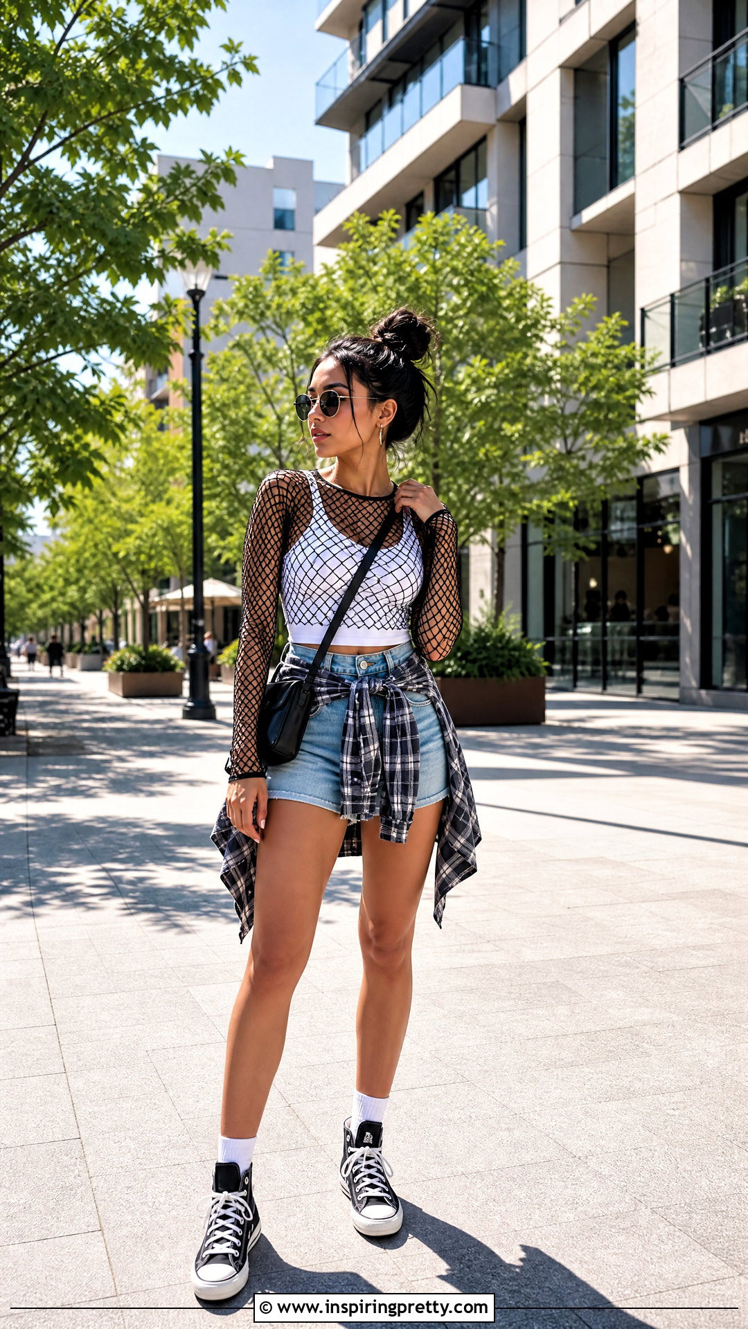 Fishnet Tights Top With Denim Shorts - 25 Fishnet Tights As A Top Outfit Ideas