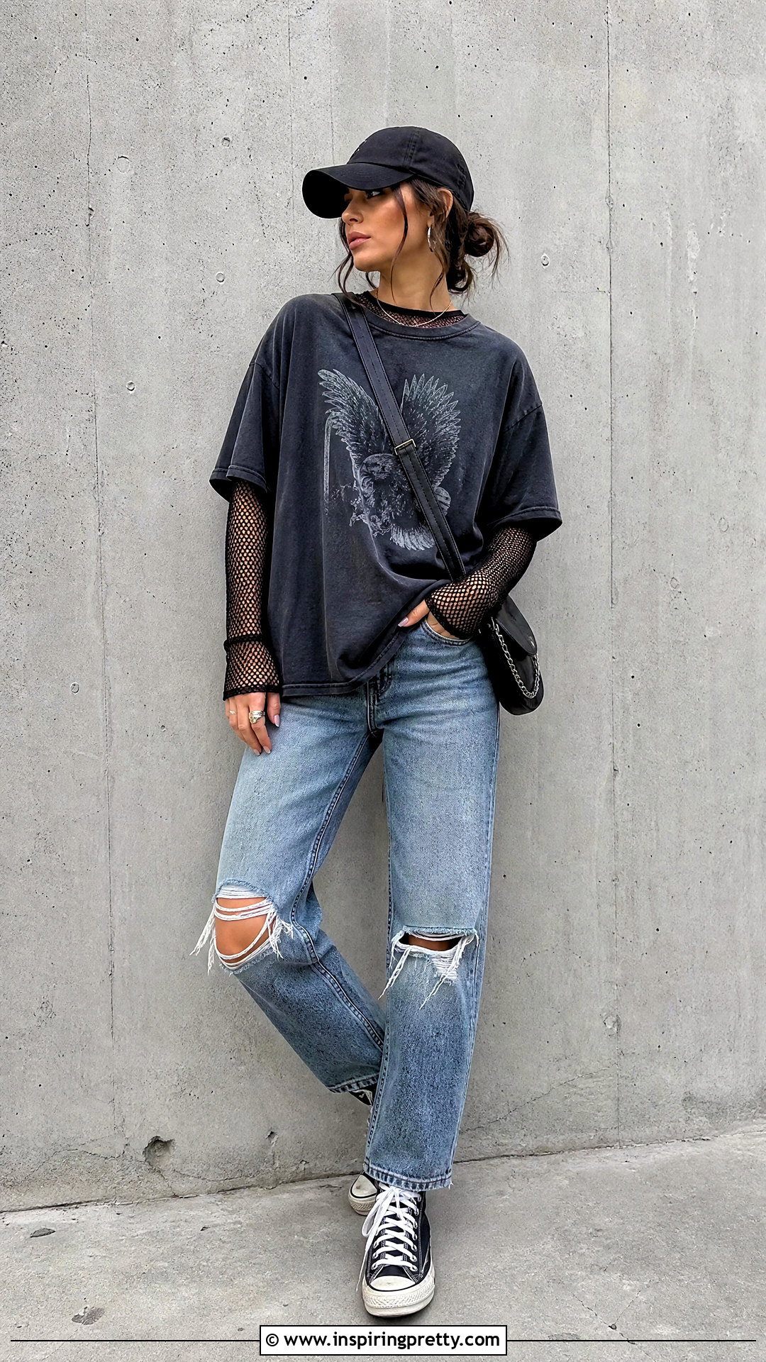 Fishnet Tights Top With Graphic Tee - 25 Fishnet Tights As A Top Outfit Ideas