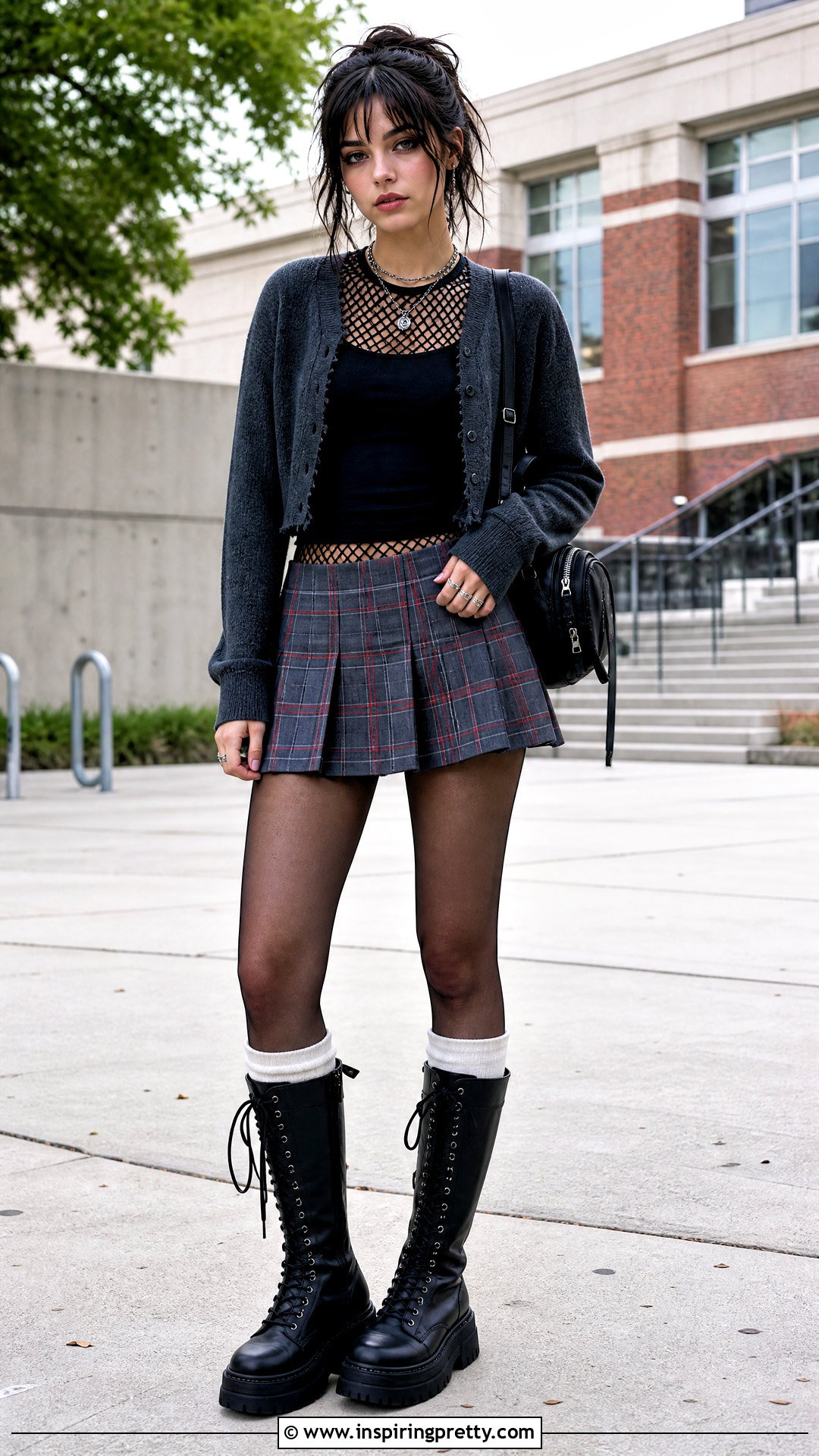 Fishnet Tights Top With Plaid Mini Skirt - 25 Fishnet Tights As A Top Outfit Ideas
