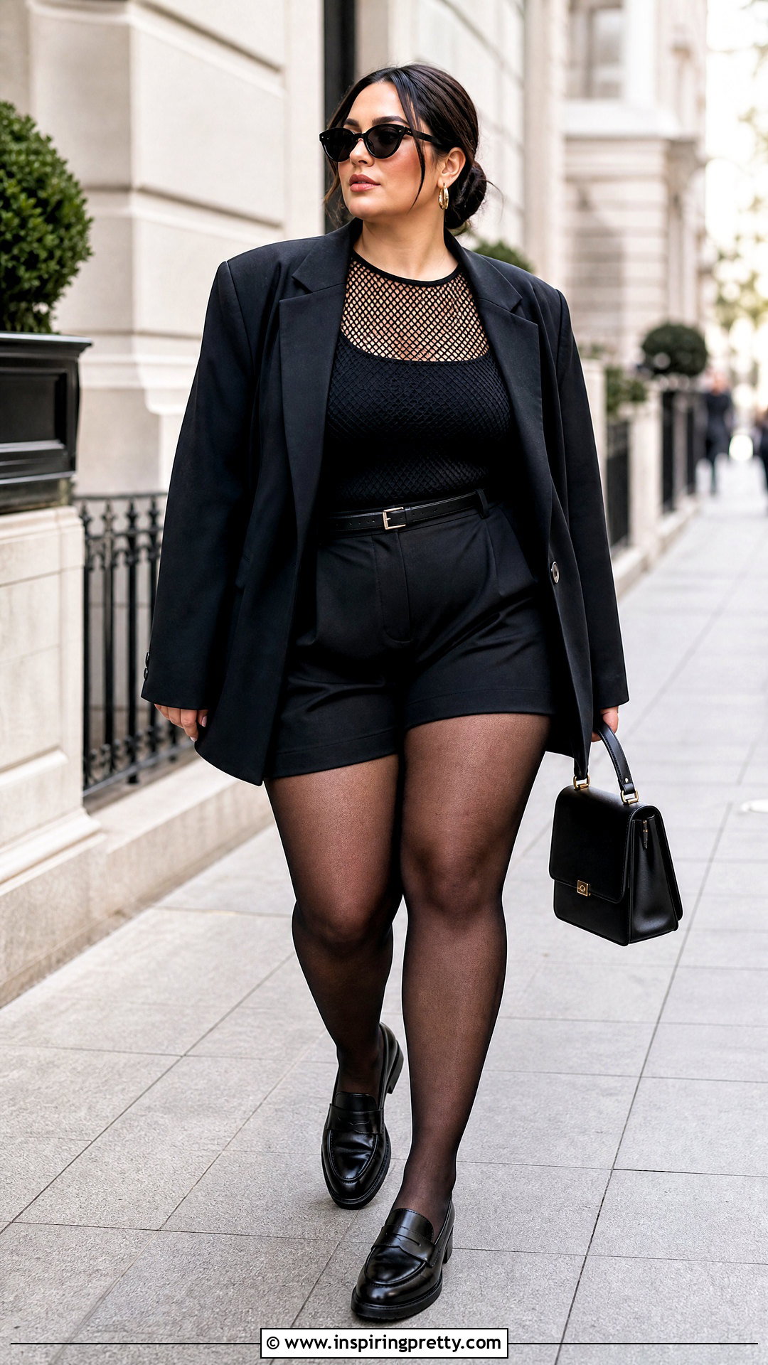 Fishnet Tights Top With Tailored Shorts - 25 Fishnet Tights As A Top Outfit Ideas