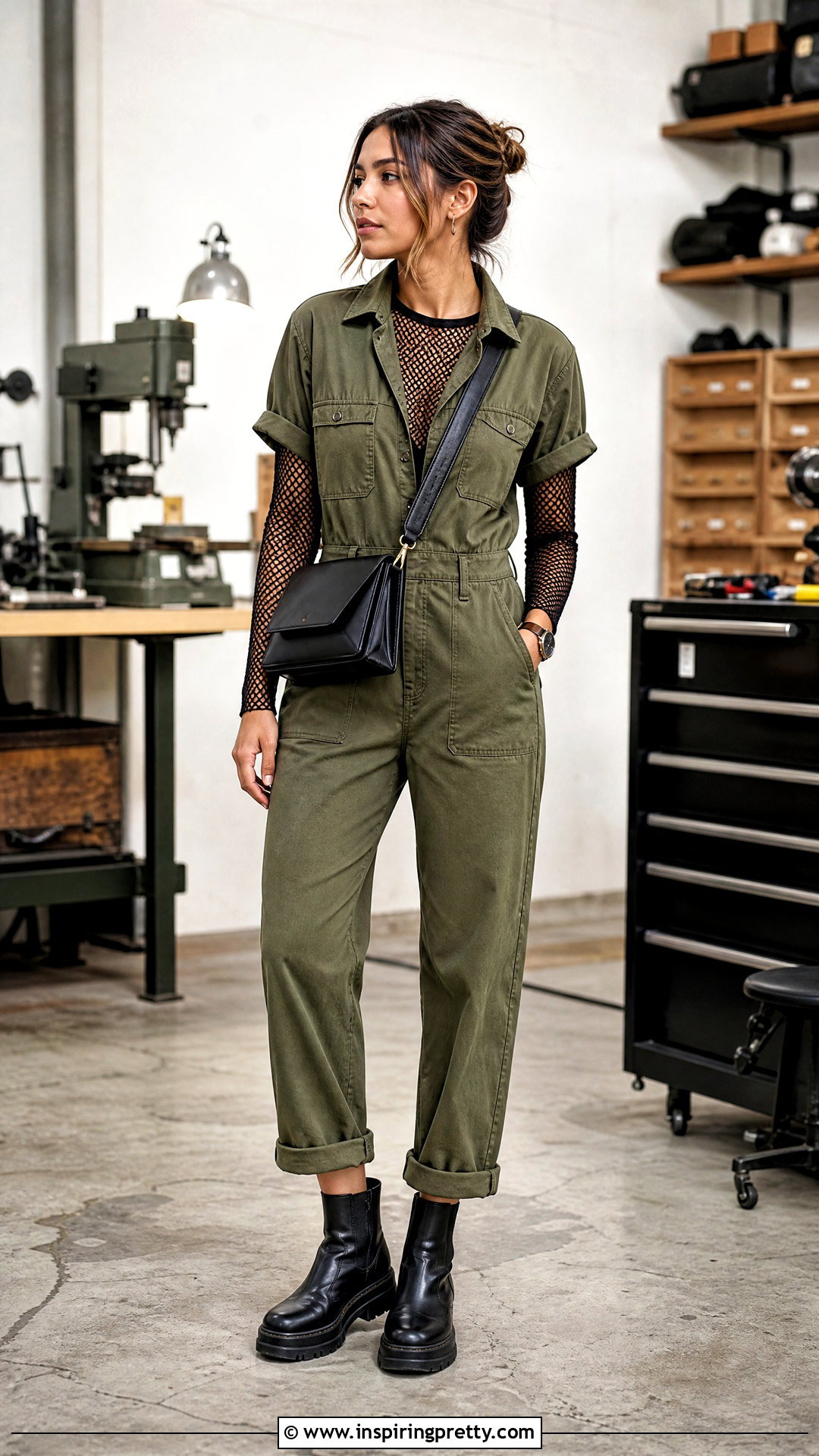 Fishnet Tights Top With Utility Jumpsuit - 25 Fishnet Tights As A Top Outfit Ideas