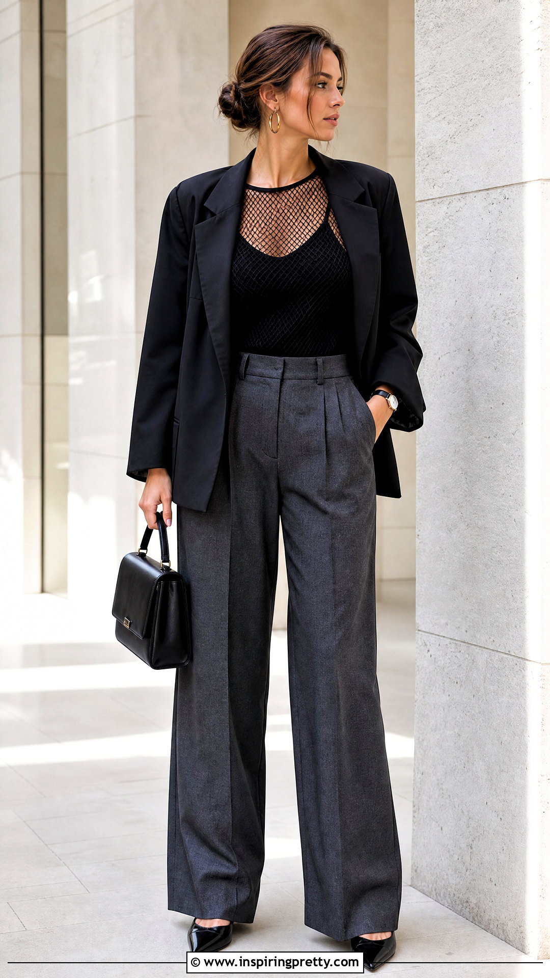Fishnet Tights Top With Wide Leg Trousers - 25 Fishnet Tights As A Top Outfit Ideas