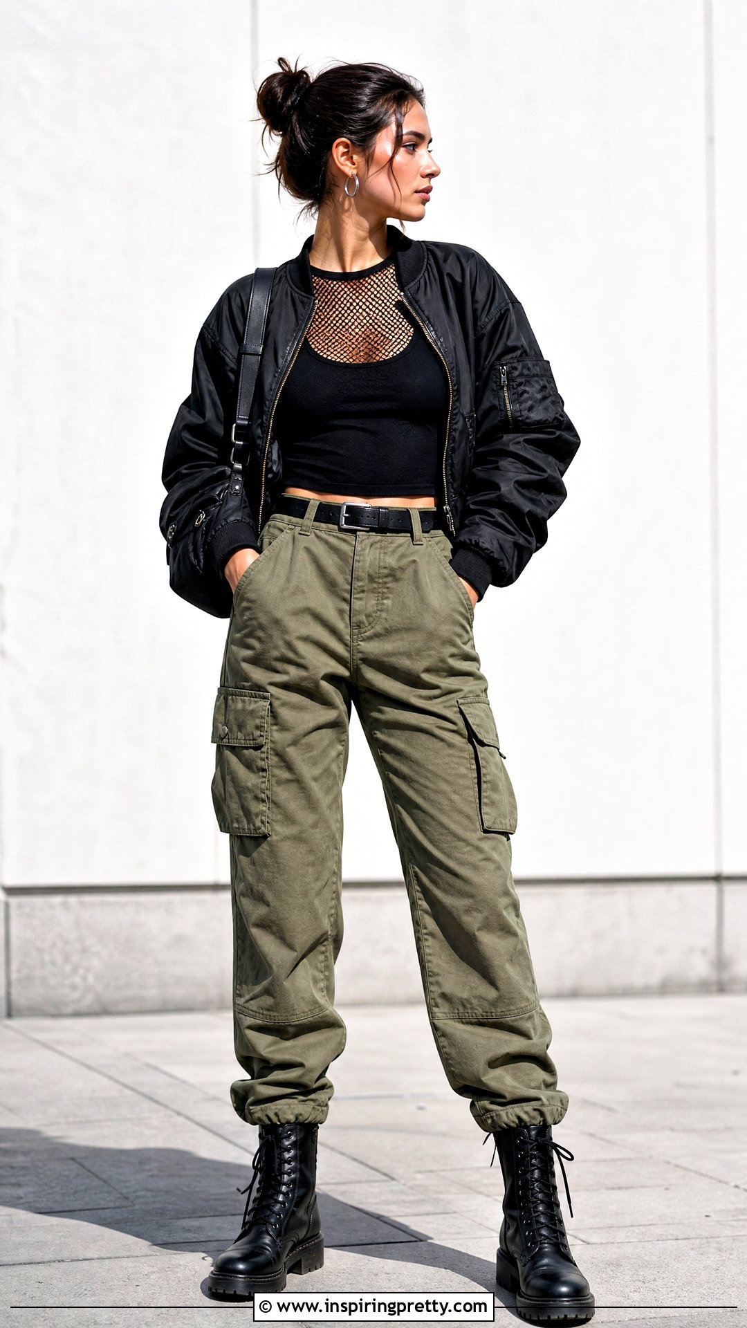 Fishnet Top And Cargo Pants With Bomber Jacket Outfit - 20 fishnet top cargo pants