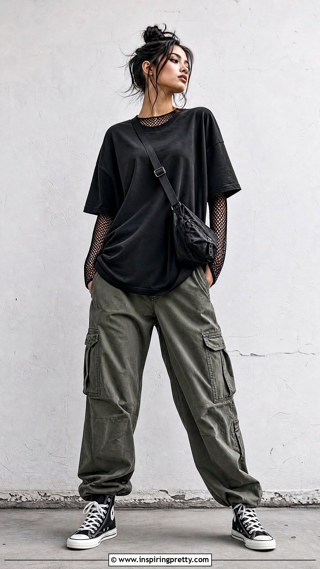 Fishnet Top Under an Oversized T Shirt - 50 fishnet top outfit ideas