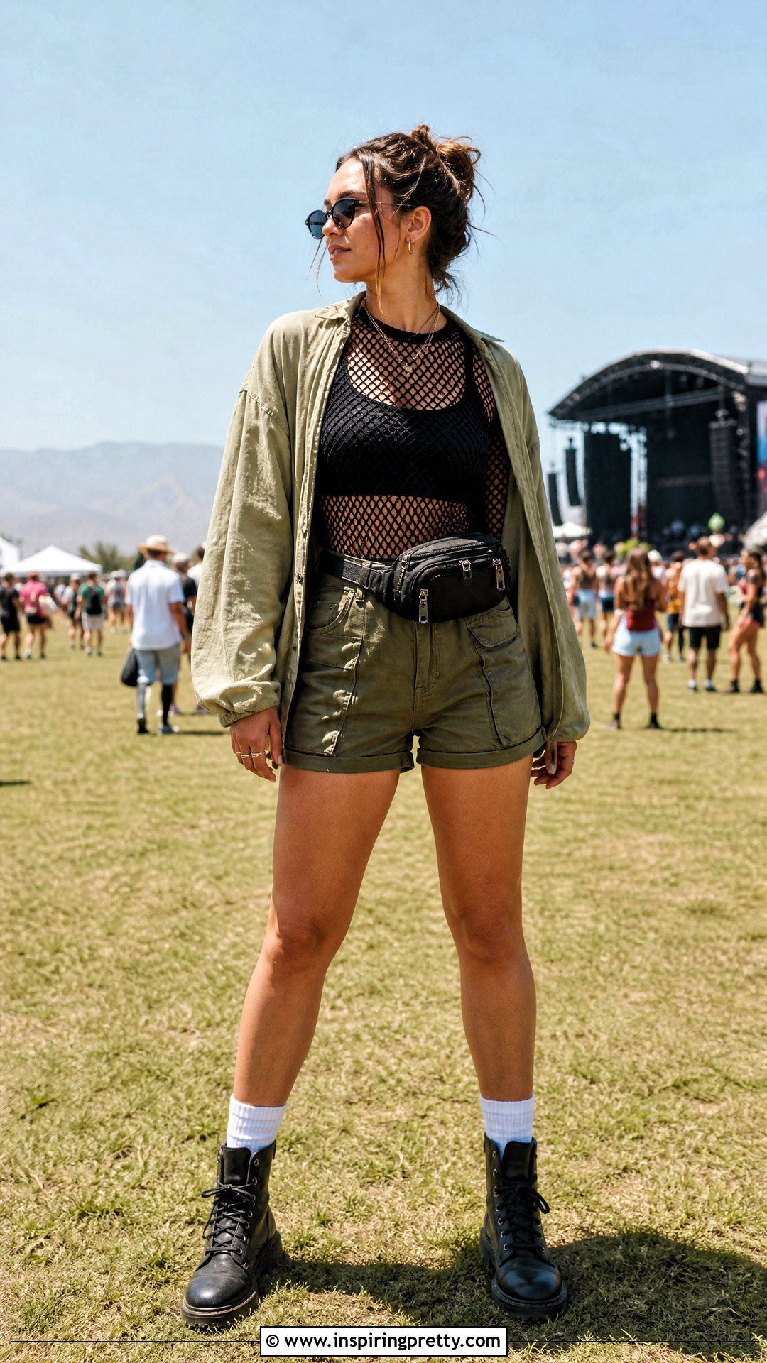 Fishnet Top With Festival Cargo Shorts - 50 fishnet top outfit ideas