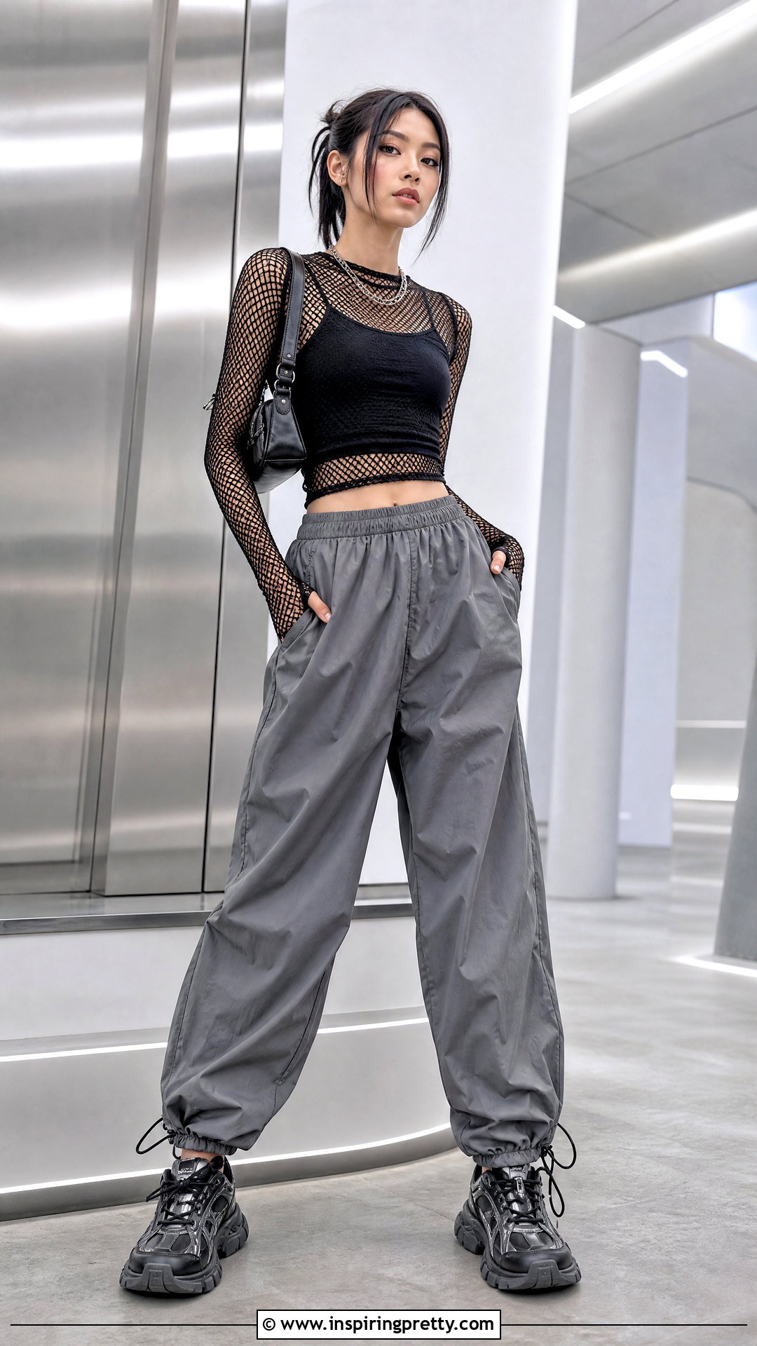 Fishnet Top With Parachute Pants - 50 fishnet top outfit ideas