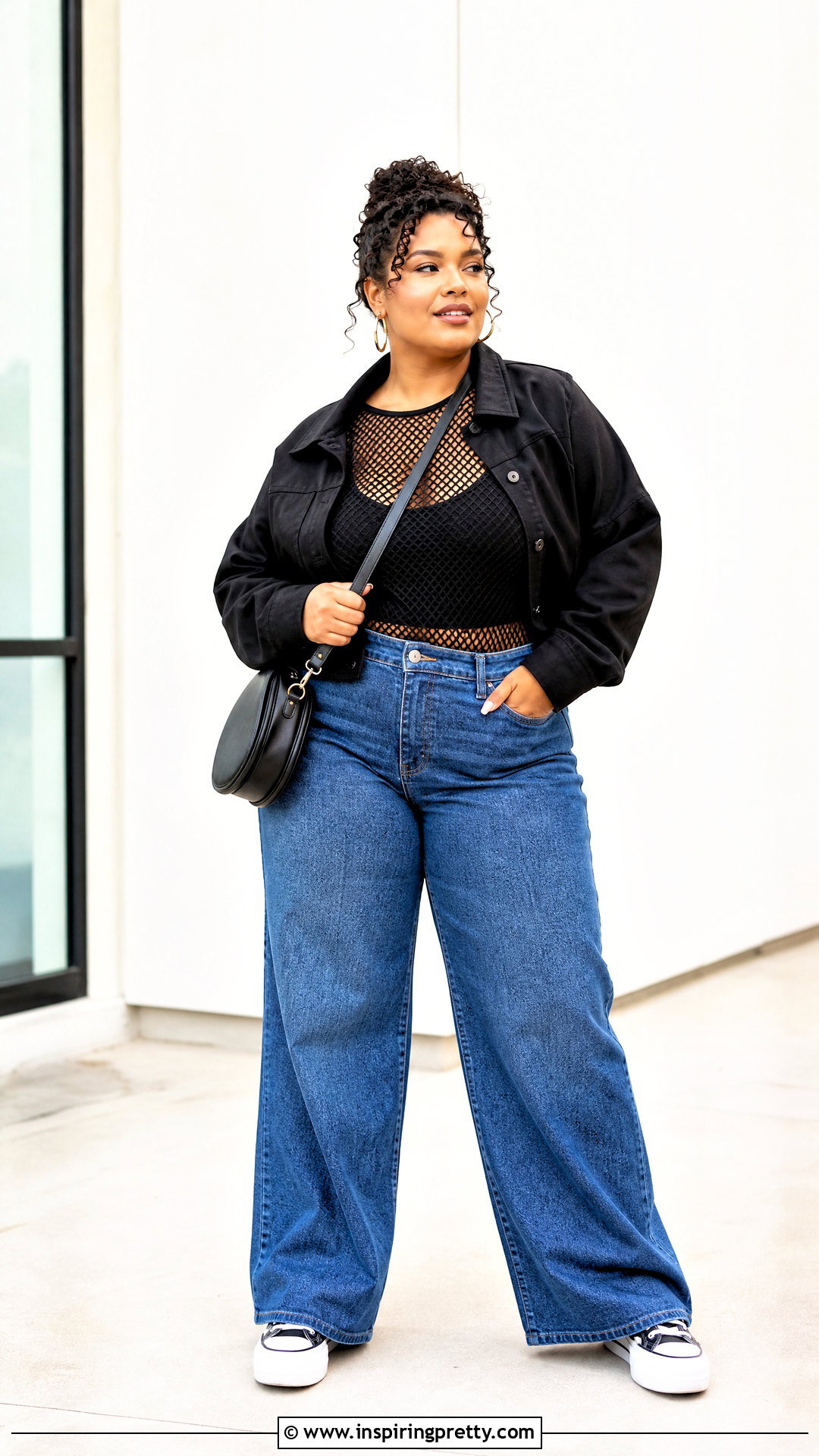 Fishnet Top With Plus Size Wide Leg Jeans - 50 fishnet top outfit ideas
