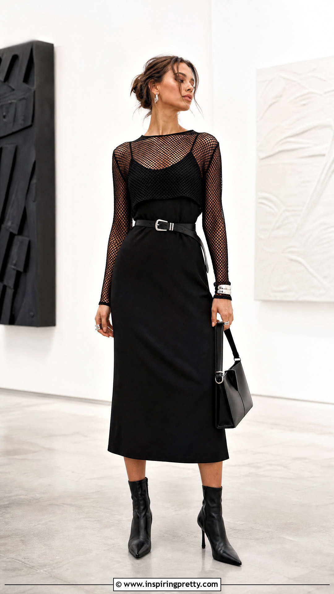 Fishnet Top With a Black Midi Dress - 50 fishnet top outfit ideas