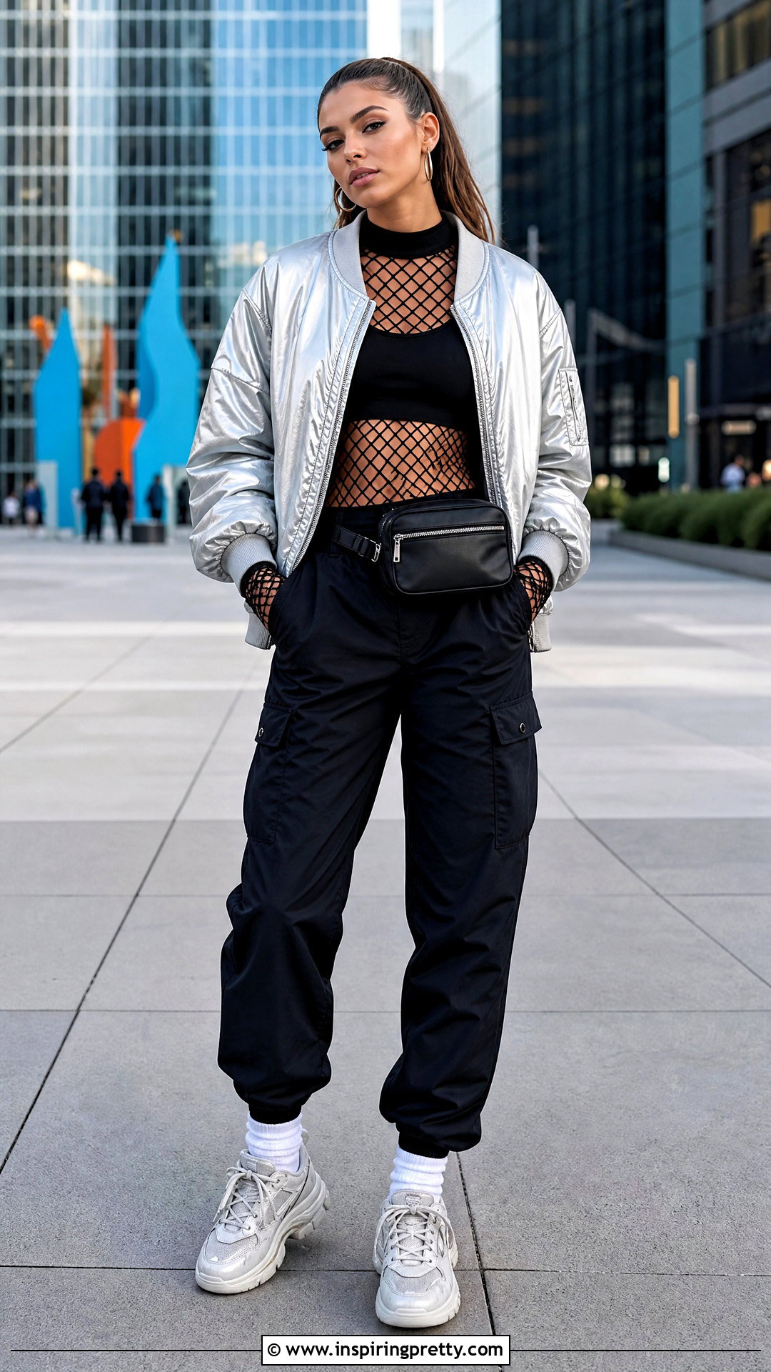 Fishnet Top With a Bomber Jacket - 50 fishnet top outfit ideas