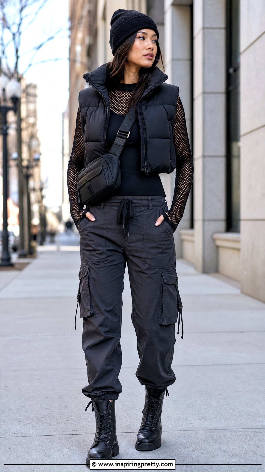 Fishnet Top With a Puffer Vest - 50 fishnet top outfit ideas