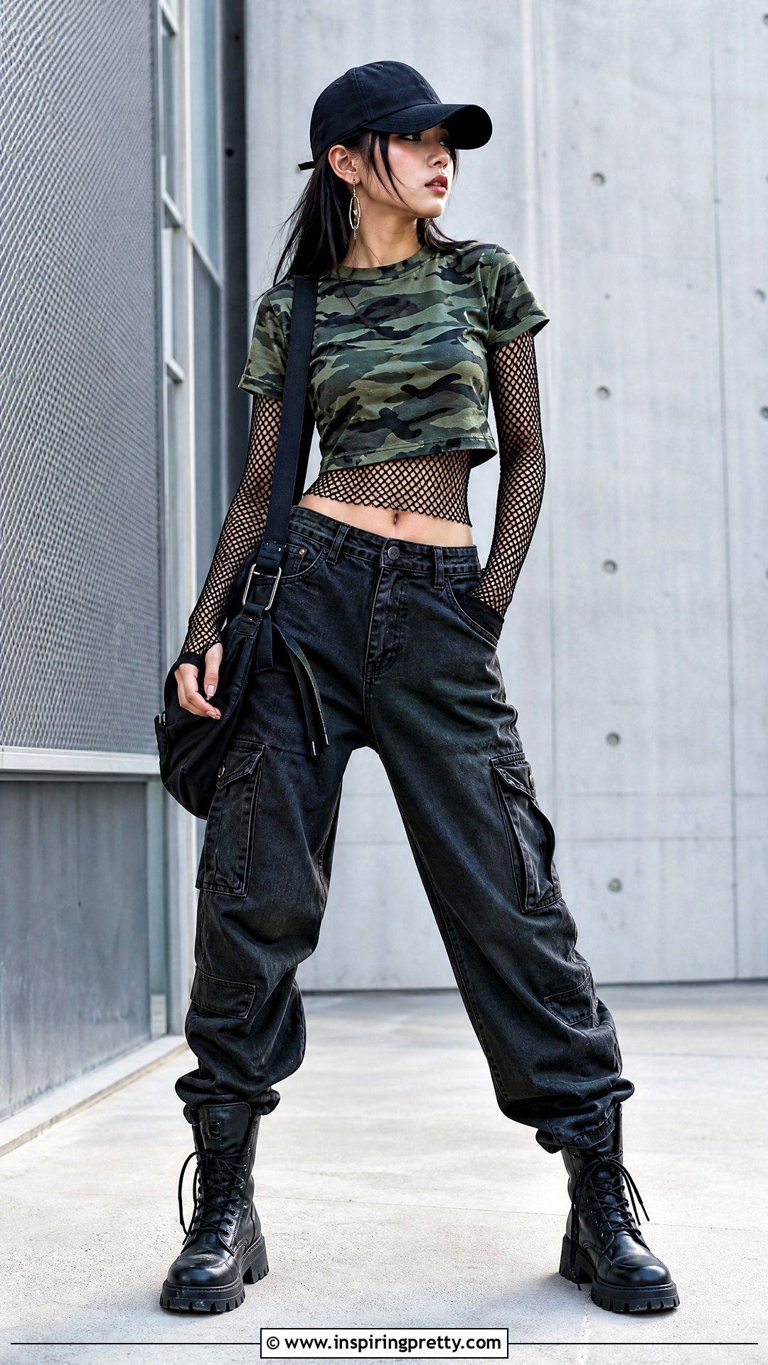 Fishnet Under Camo Crop Top With Cargo Jeans - 25 Fishnet Under Crop Top outfit ideas