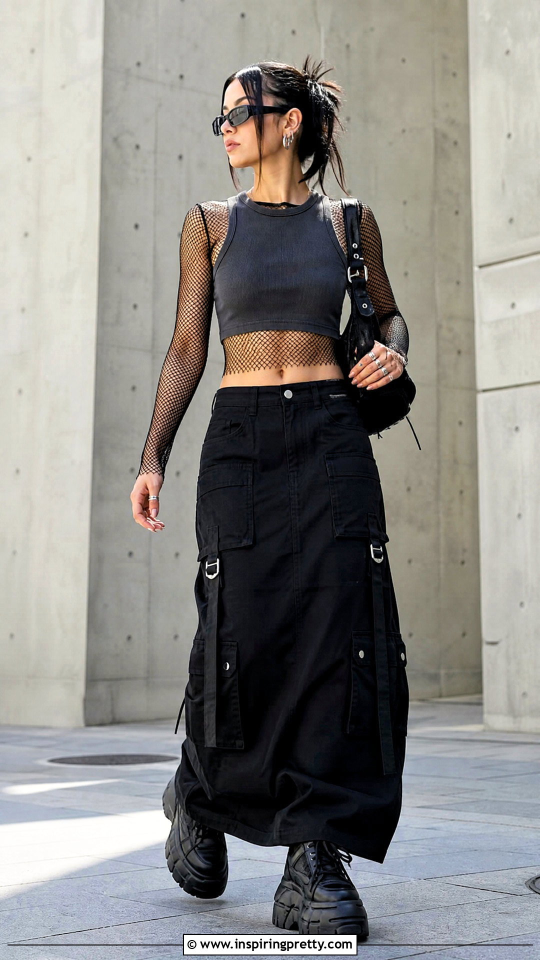 Fishnet Under Crop Top With Maxi Cargo Skirt - 25 Fishnet Under Crop Top outfit ideas