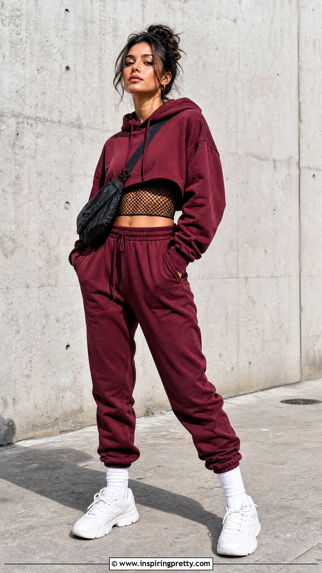 Fishnet Under Cropped Hoodie With Joggers - 25 Fishnet Under Crop Top outfit ideas