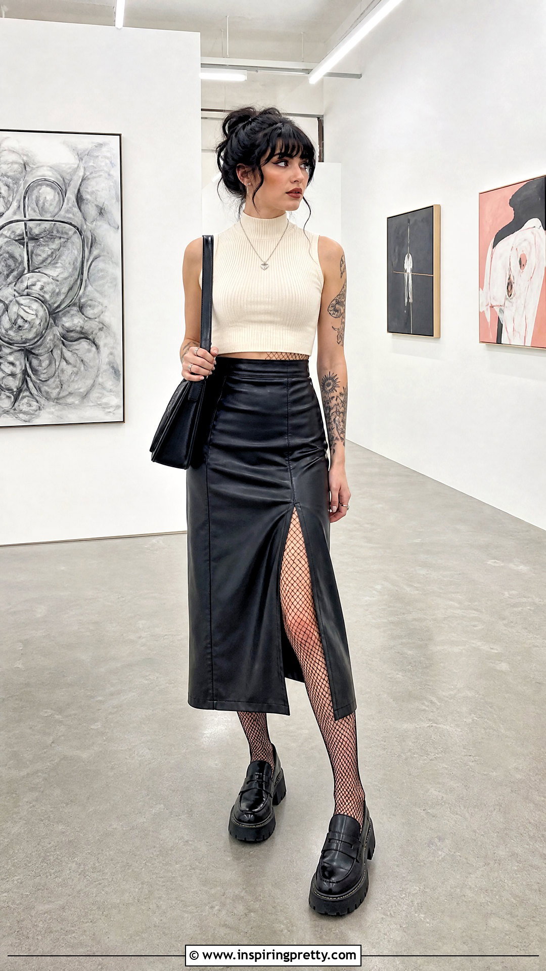 Fishnet Under Mock Neck Crop Top With Faux Leather Skirt - 25 Fishnet Under Crop Top outfit ideas