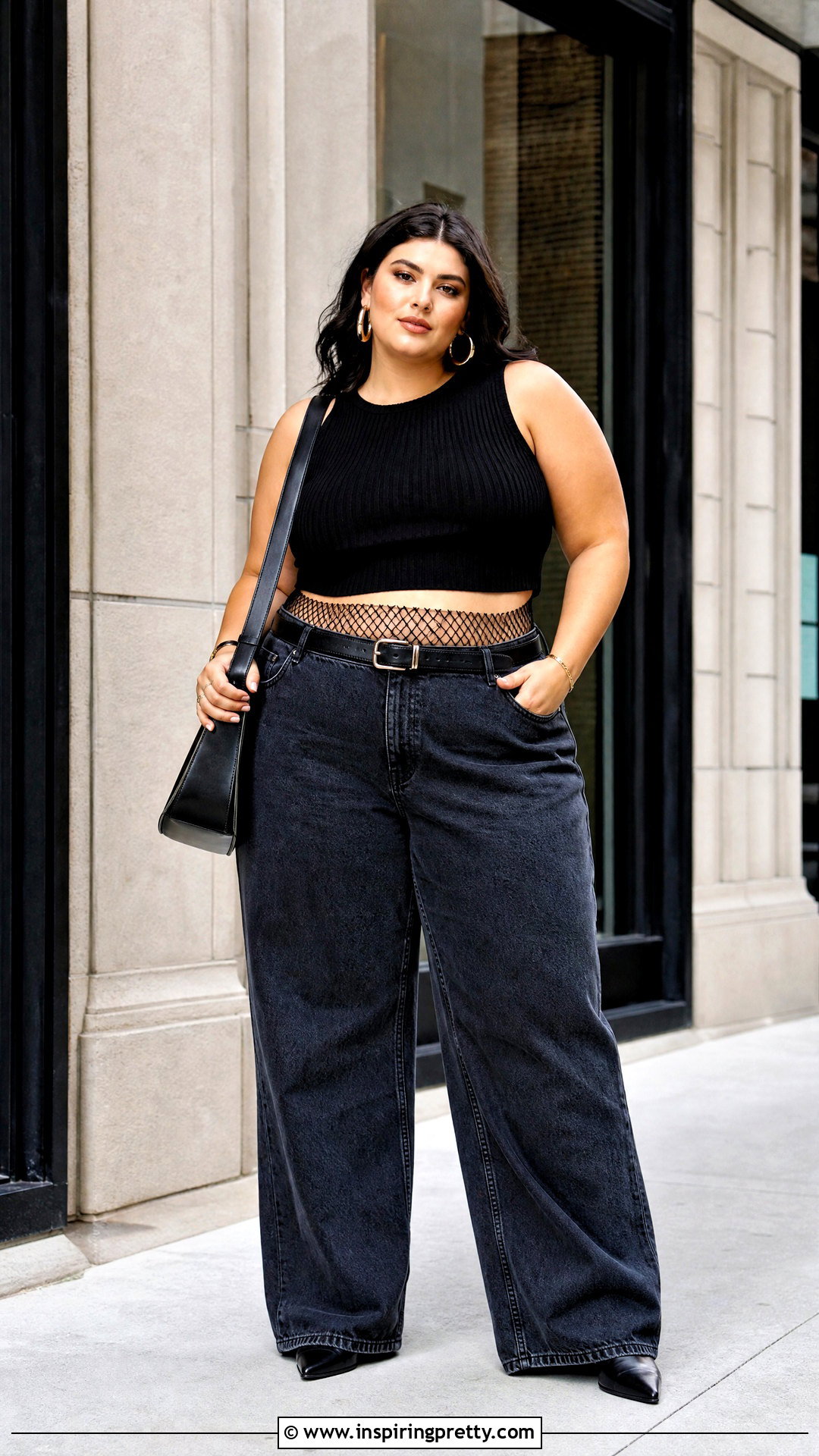 Fishnet Under Sleeveless Crop Top With Wide Leg Jeans - 25 Fishnet Under Crop Top outfit ideas
