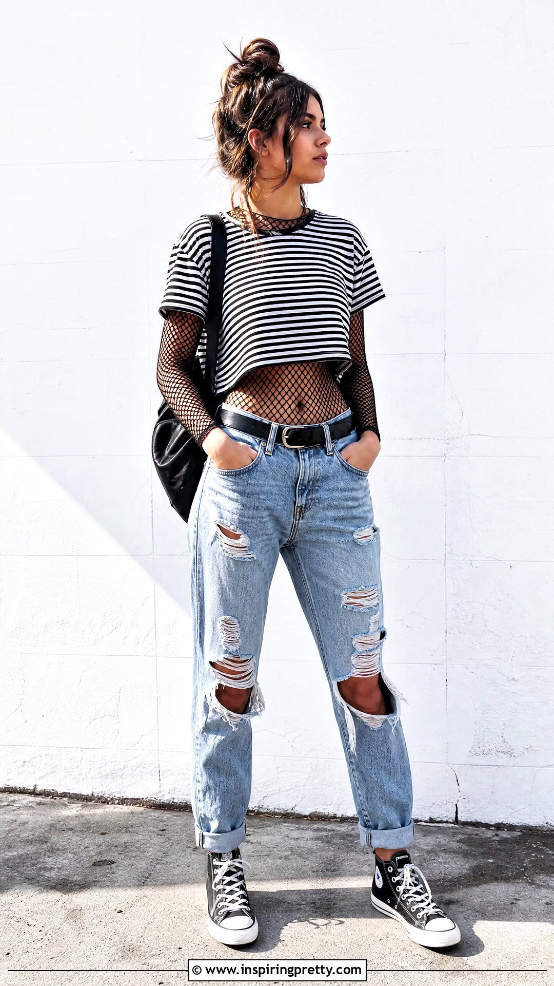 Fishnet Under Striped Crop Top With Ripped Jeans - 25 Fishnet Under Crop Top outfit ideas