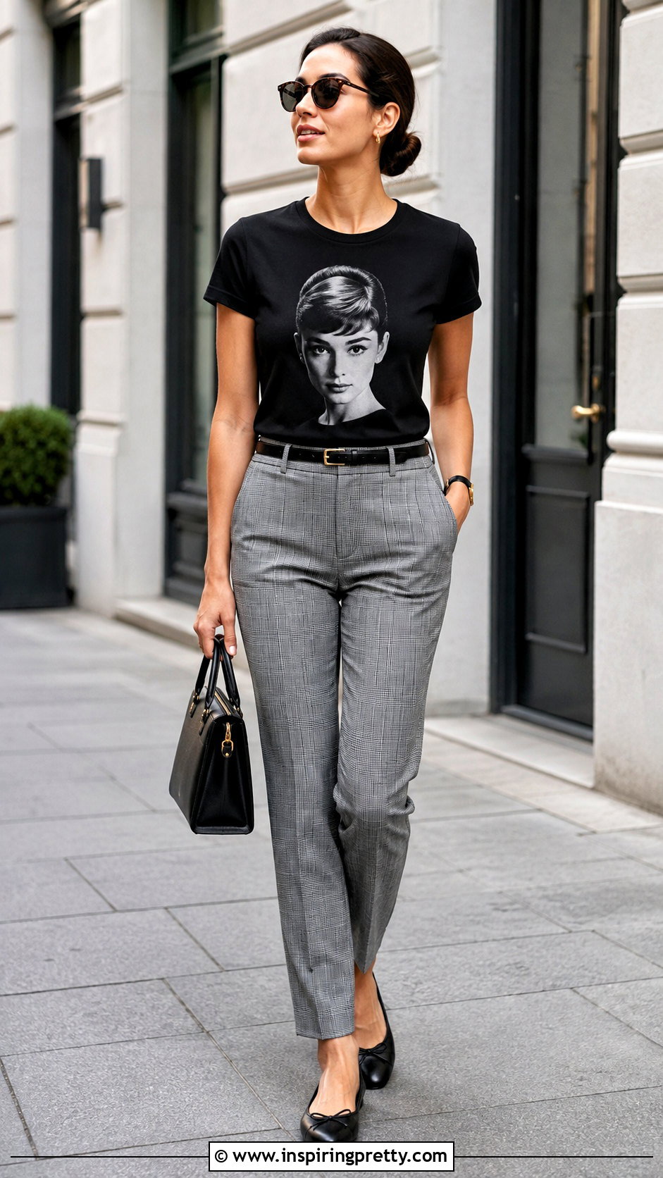 Fitted Black Audrey Hepburn Tee With Plaid Trousers - 25 Audrey Hepburn Tops outfit ideas