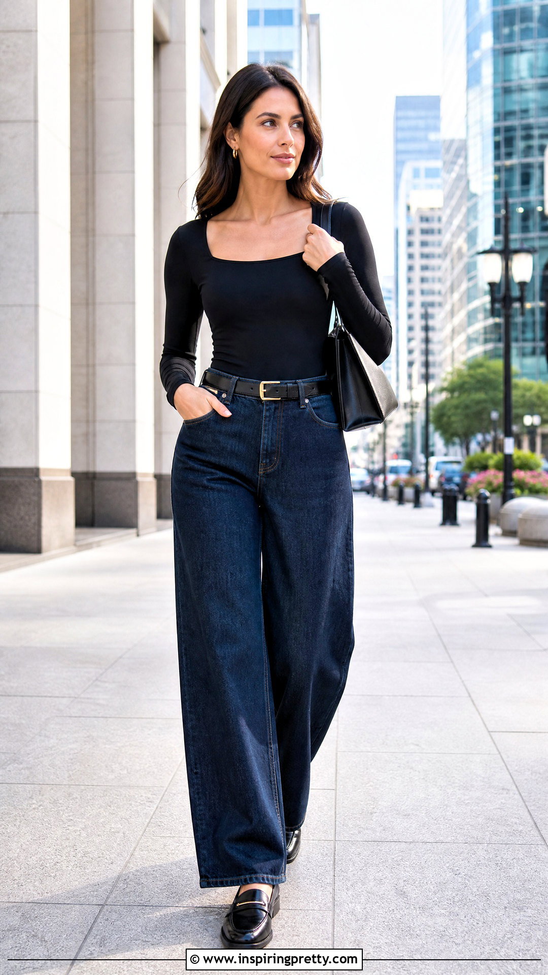 Fitted Bodysuit Top With Wide Leg Jeans - 50 small top big pants outfit ideas