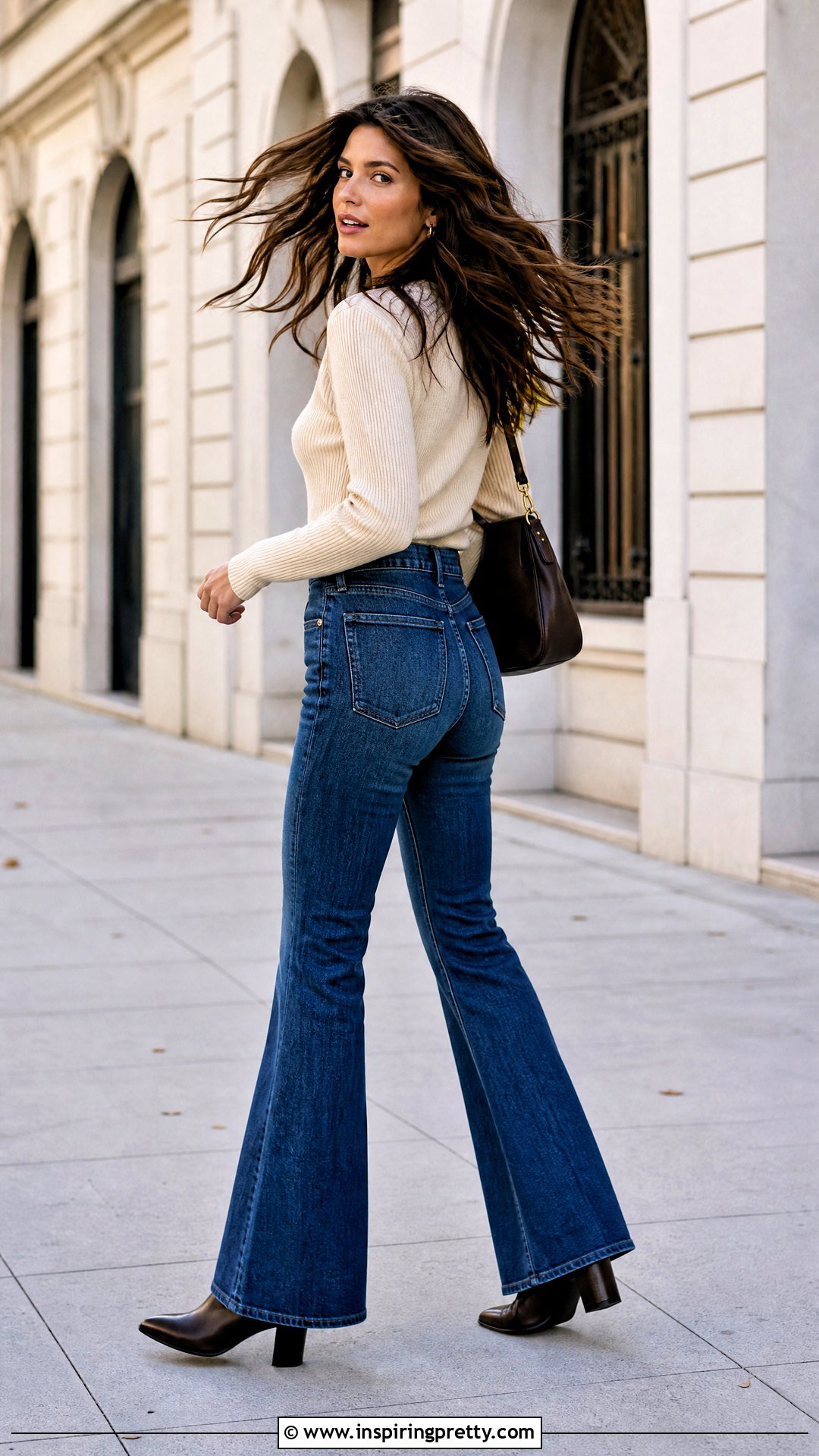 Fitted Cardigan And Flared Jeans Turning Pose - 50 Poses In Jeans Top Aesthetic Ideas