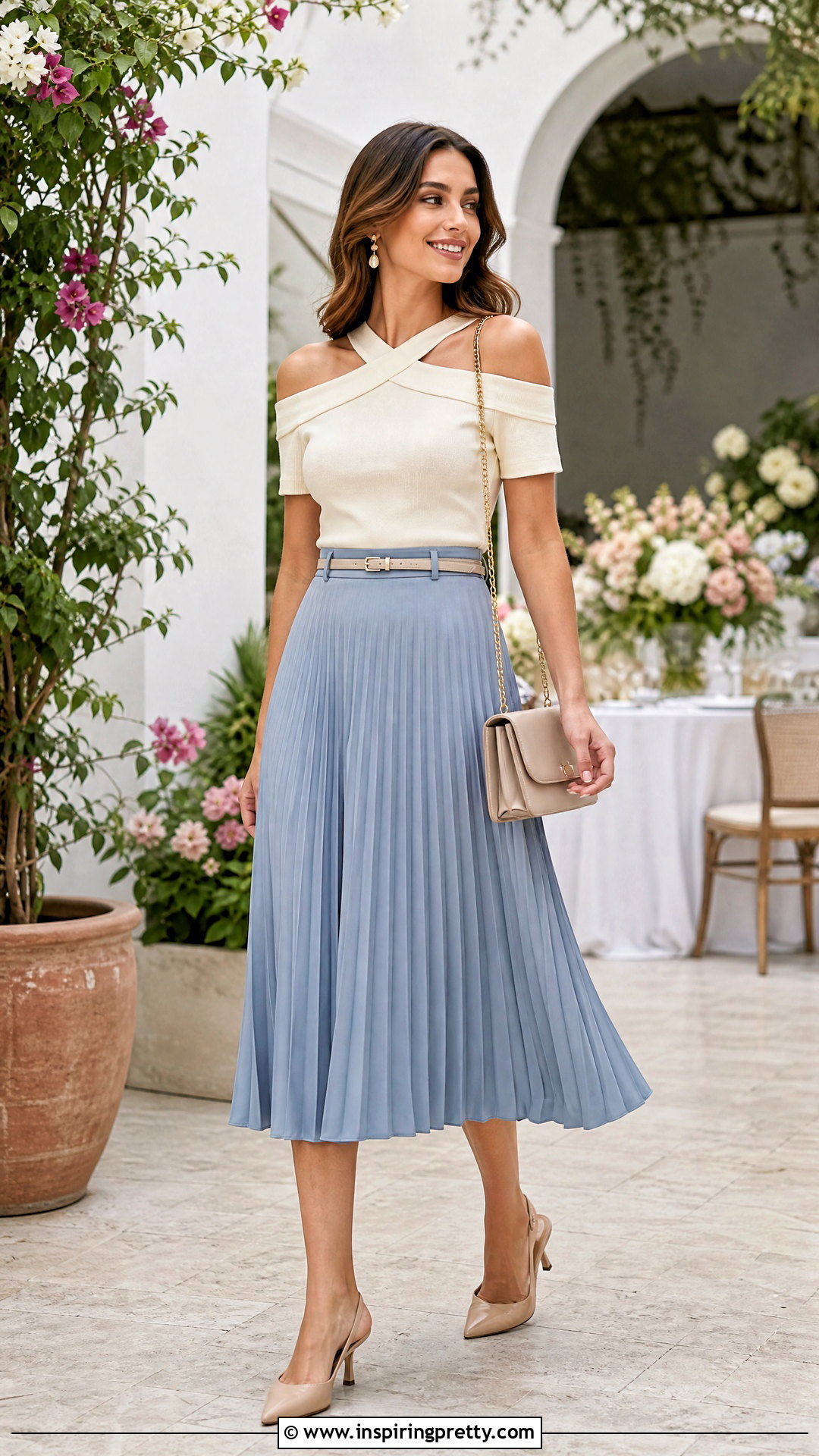 Fitted Cold Shoulder Top With Midi Skirt - 20 ladies cold shoulder tops outfit ideas