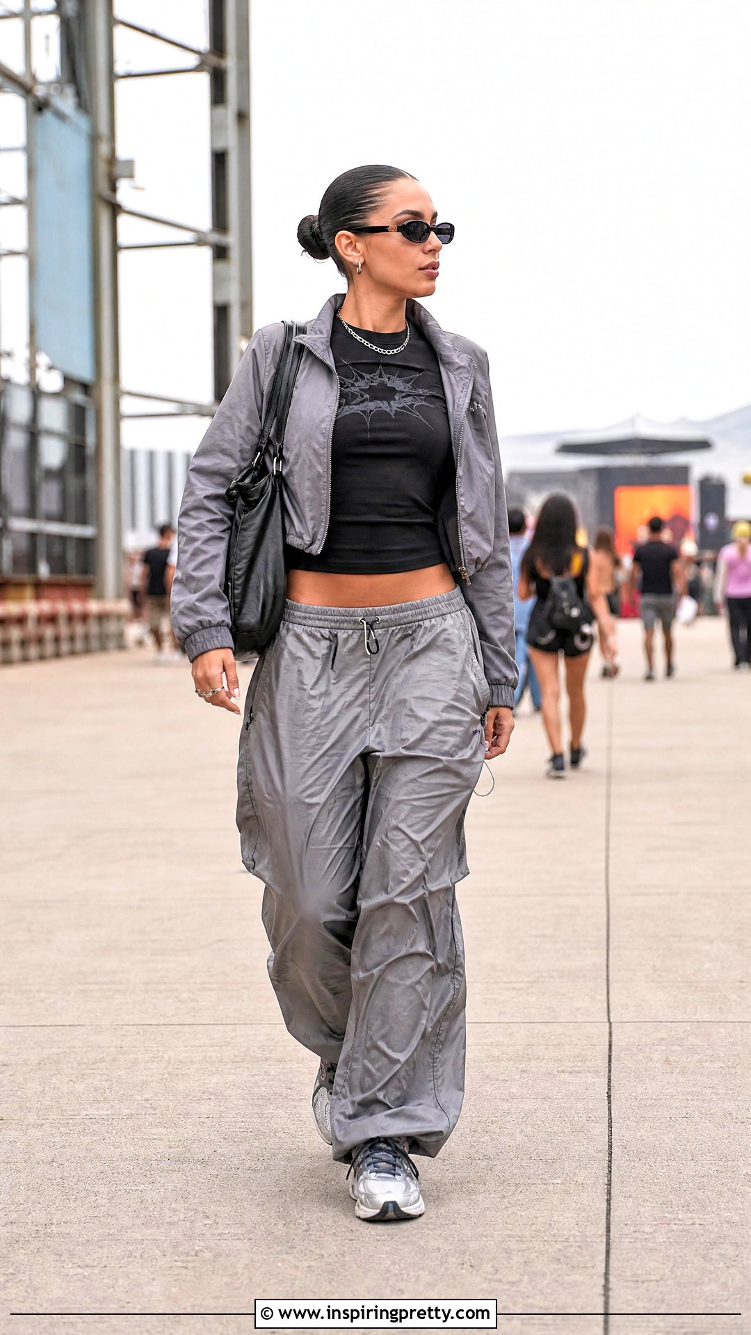 Fitted Graphic Tee With Parachute Pants - 50 small top big pants outfit ideas