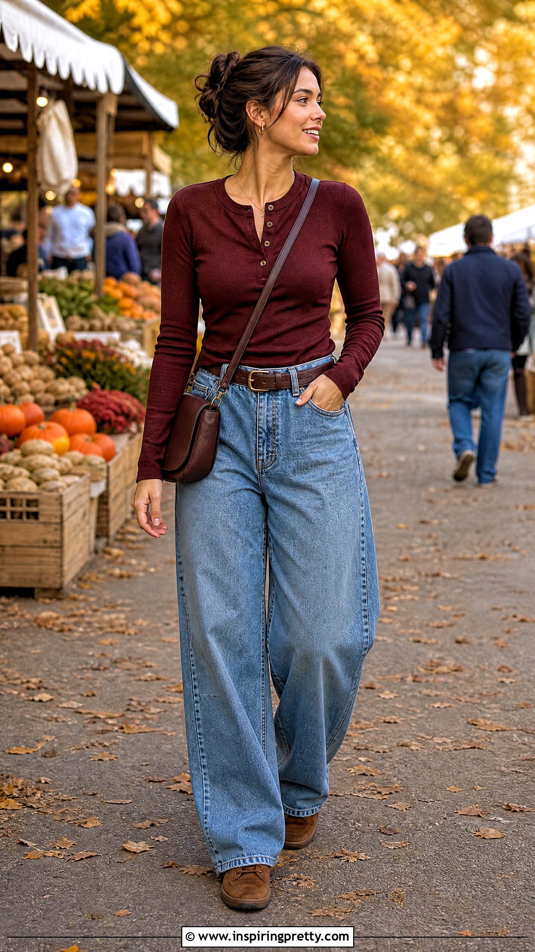 Fitted Henley Top With Baggy Jeans - 50 small top big pants outfit ideas