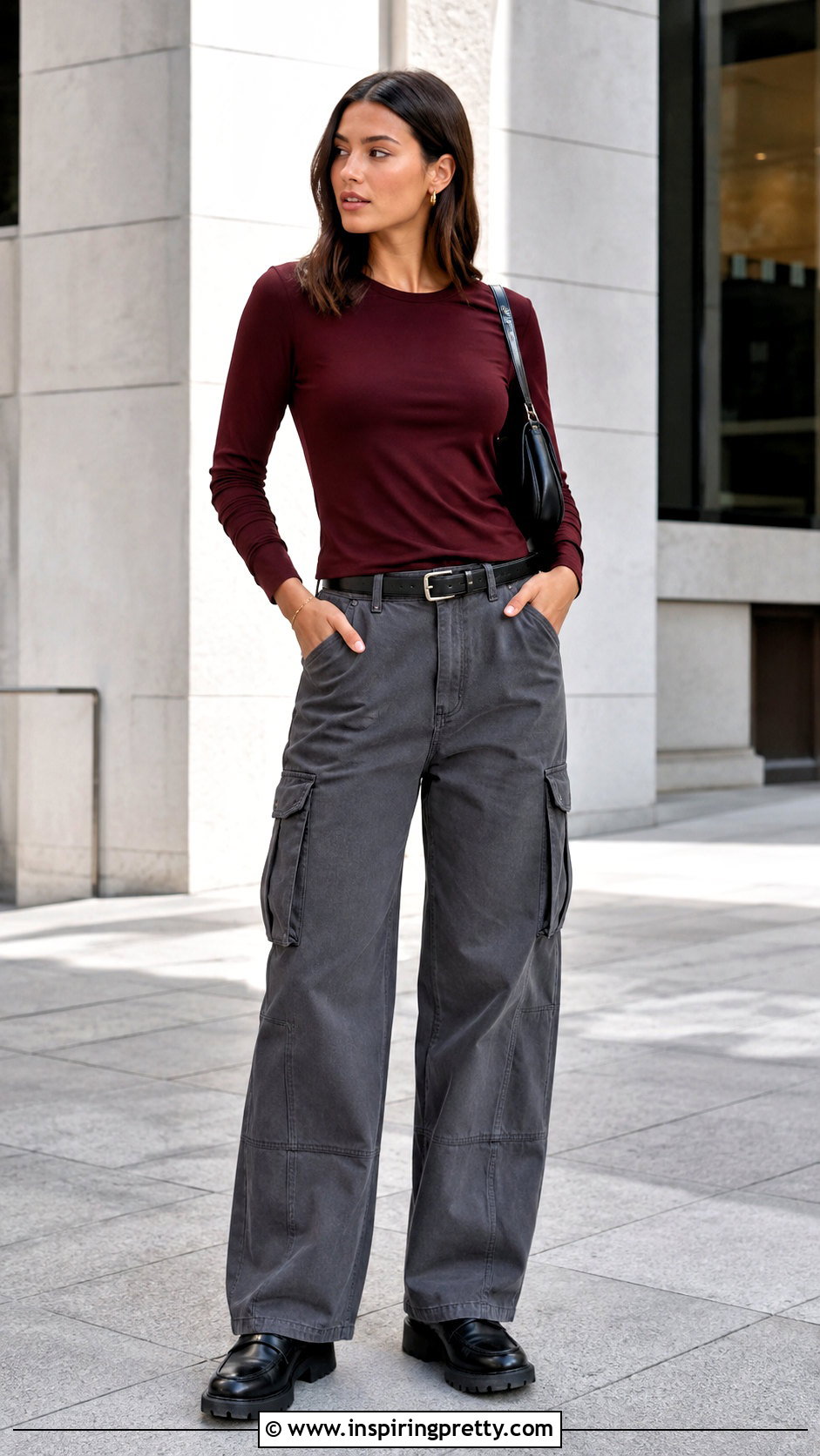 Fitted Long Sleeve Top With Gray Cargo Pants - 25 cute tops to wear with cargo pants