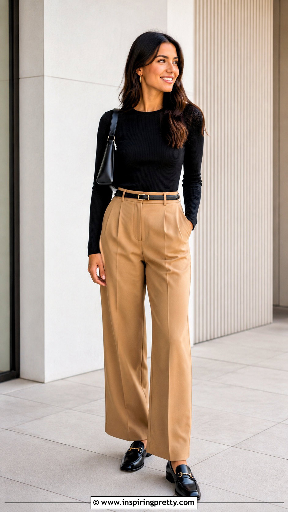 Fitted Long Sleeve Top With Wide Leg Pants - 20 comfy long sleeve tops outfit ideas