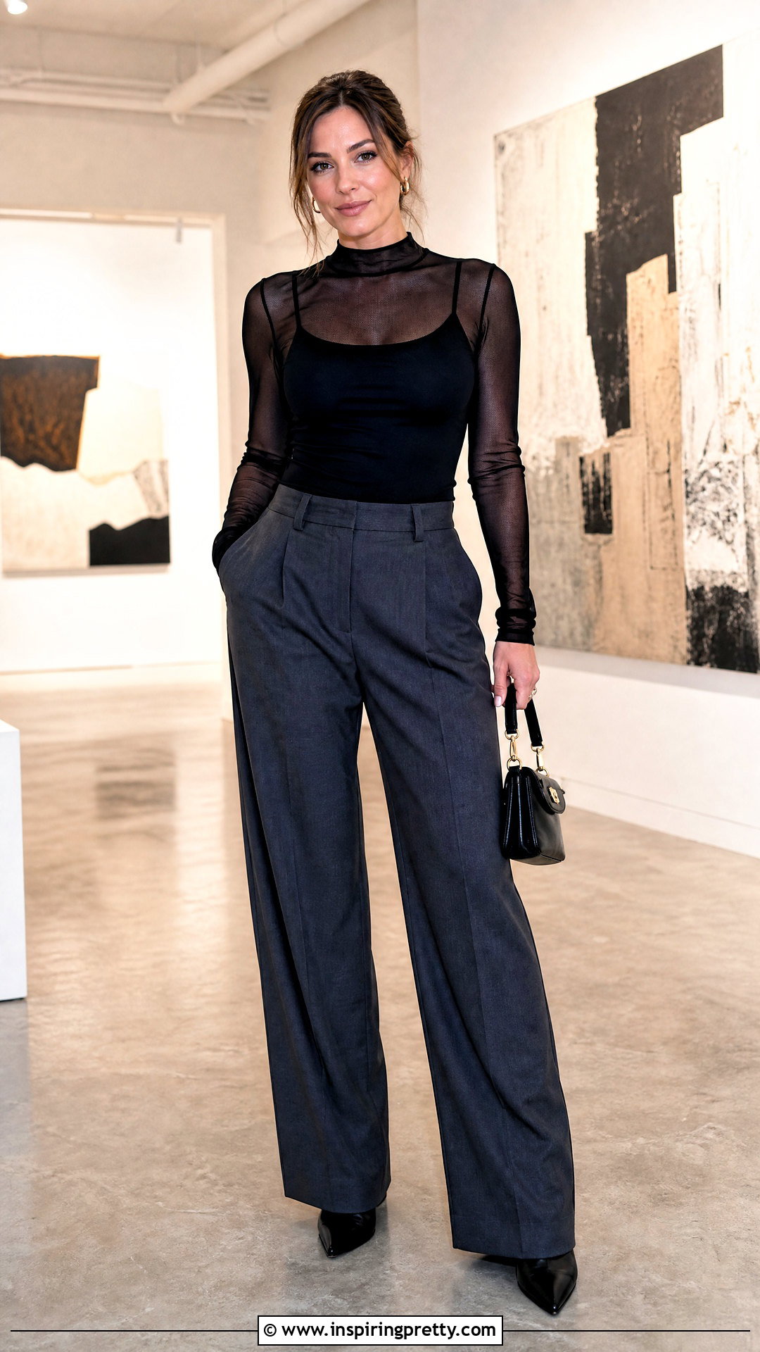 Fitted Mesh Layer Top With Wide Trousers - 50 small top big pants outfit ideas