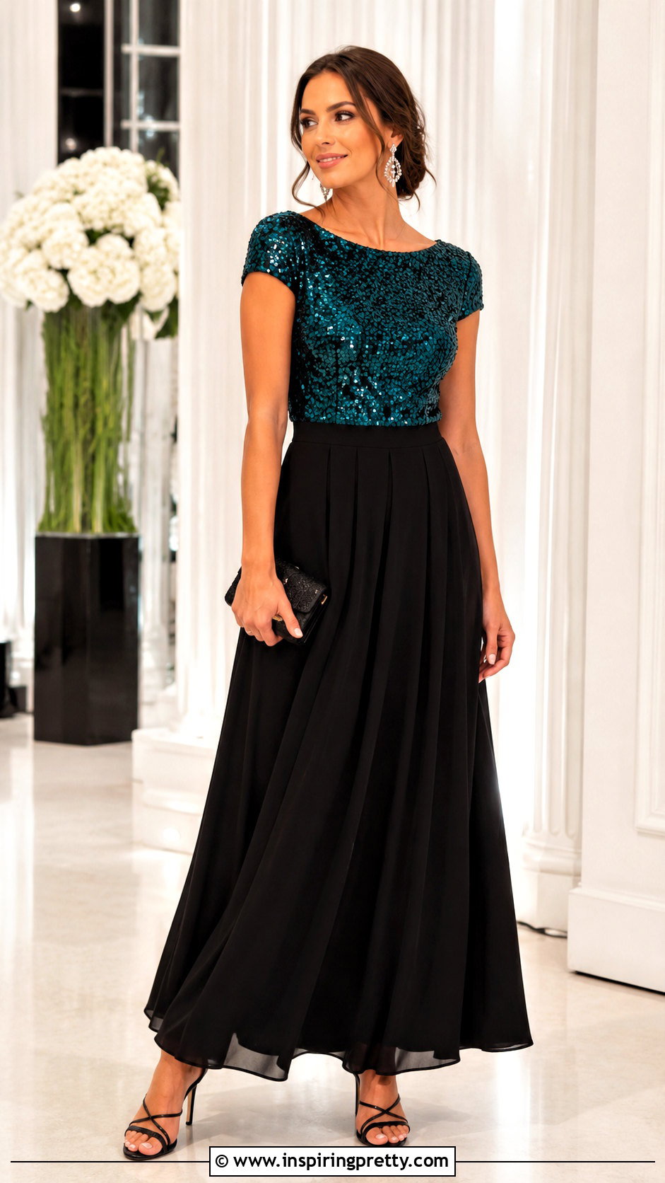 Fitted Sequin Top With Black Maxi Skirt - 20 fitted sequin top outfit ideas
