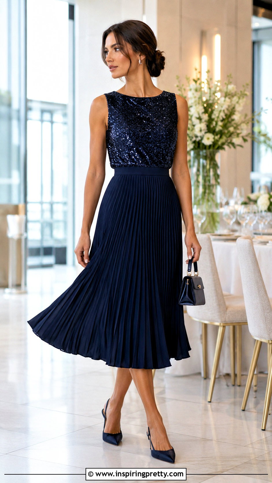 Fitted Sequin Top With Pleated Midi Skirt - 20 fitted sequin top outfit ideas