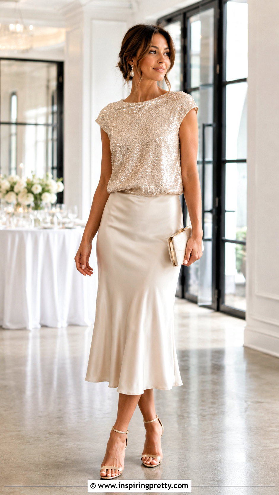Fitted Sequin Top With Satin Midi Skirt - 20 fitted sequin top outfit ideas