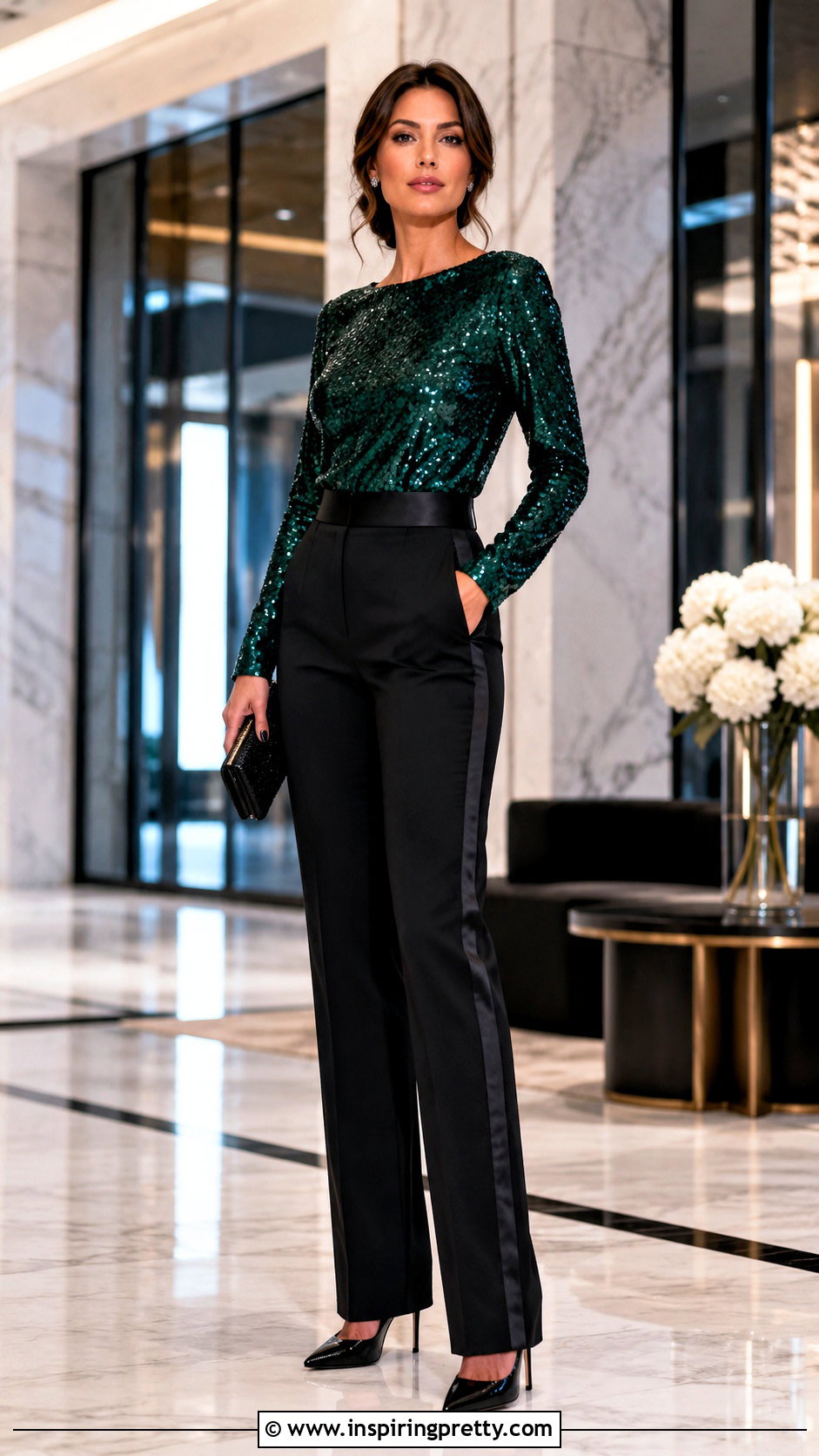 Fitted Sequin Top With Tuxedo Pants - 20 fitted sequin top outfit ideas