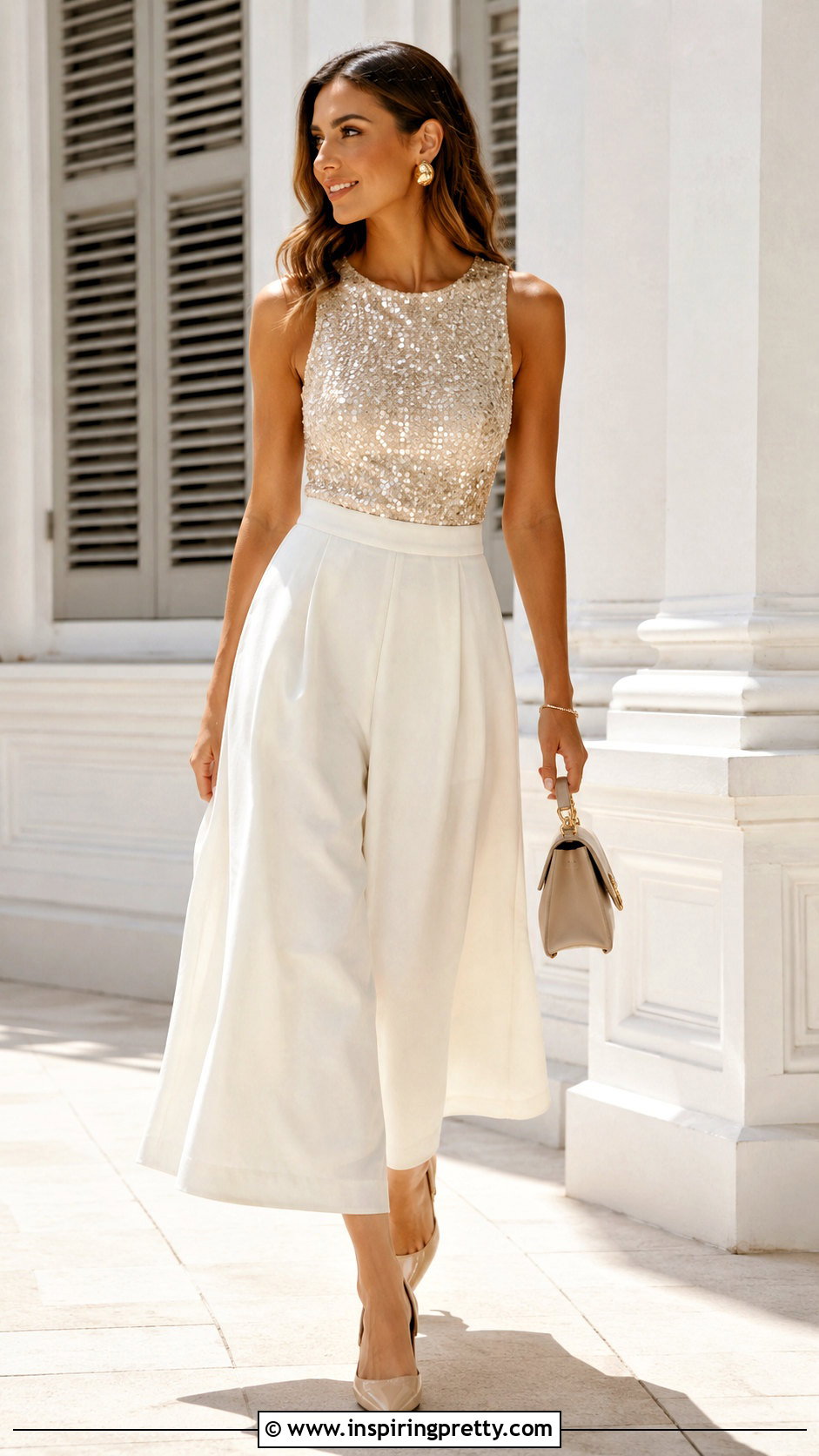 Fitted Sequin Top With Wide Leg Culottes - 20 fitted sequin top outfit ideas