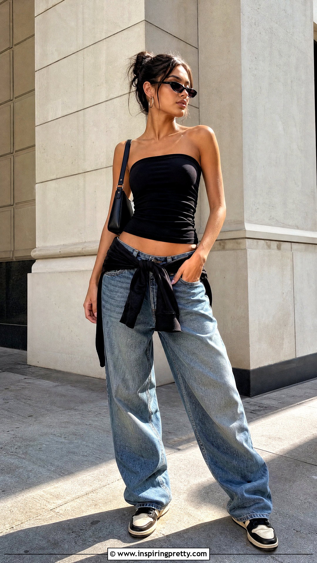 Fitted Strapless Top With Low Rise Baggy Jeans - 25 fitted strapless top outfit ideas