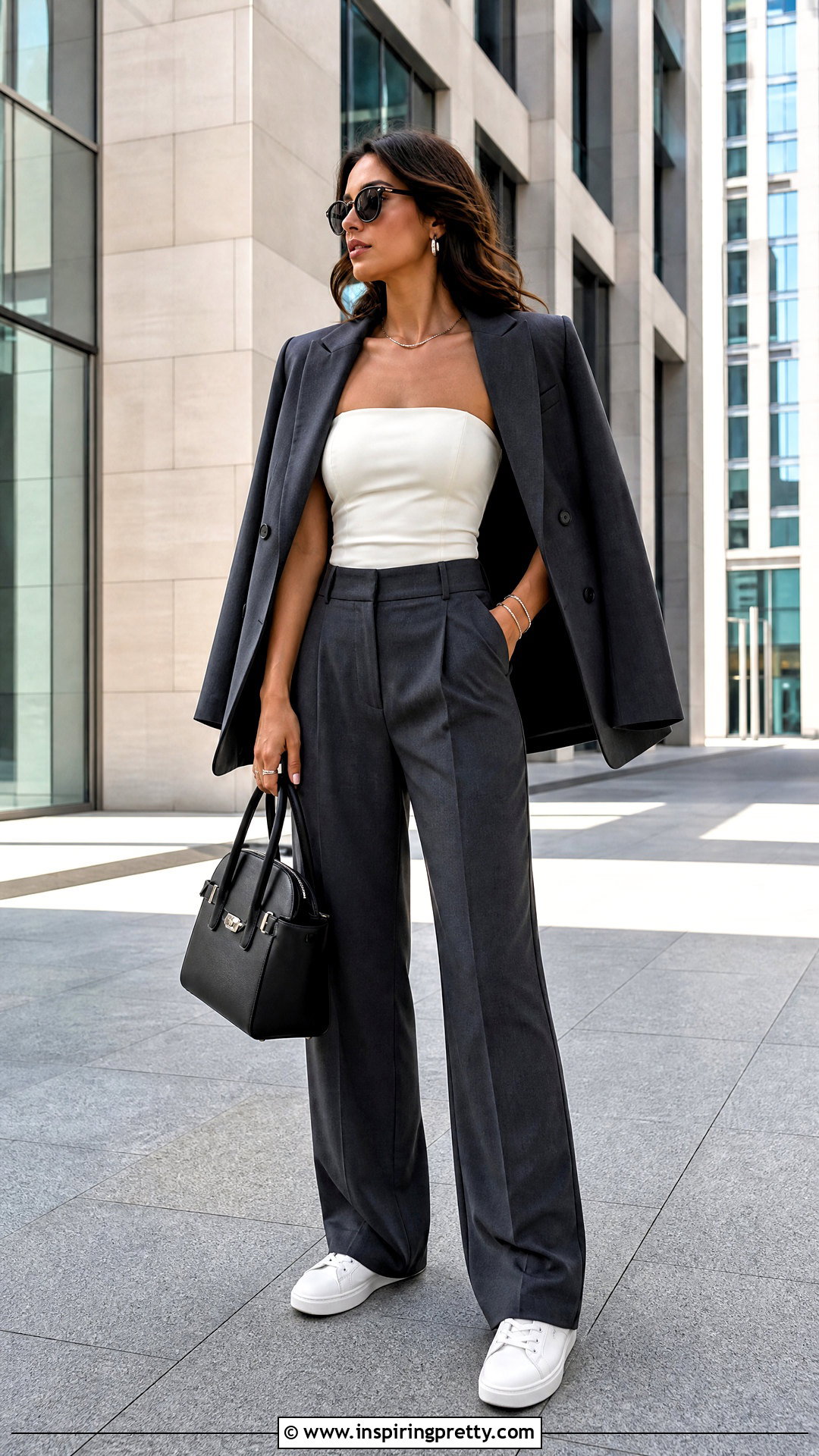 Fitted Strapless Top With Relaxed Suit Pants - 25 fitted strapless top outfit ideas