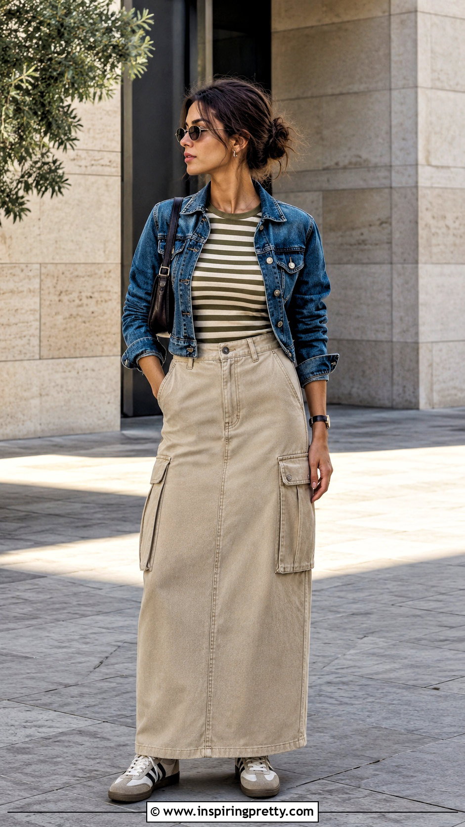 Fitted Striped Tee With Cargo Maxi Skirt - 20 striped top and skirt style ideas