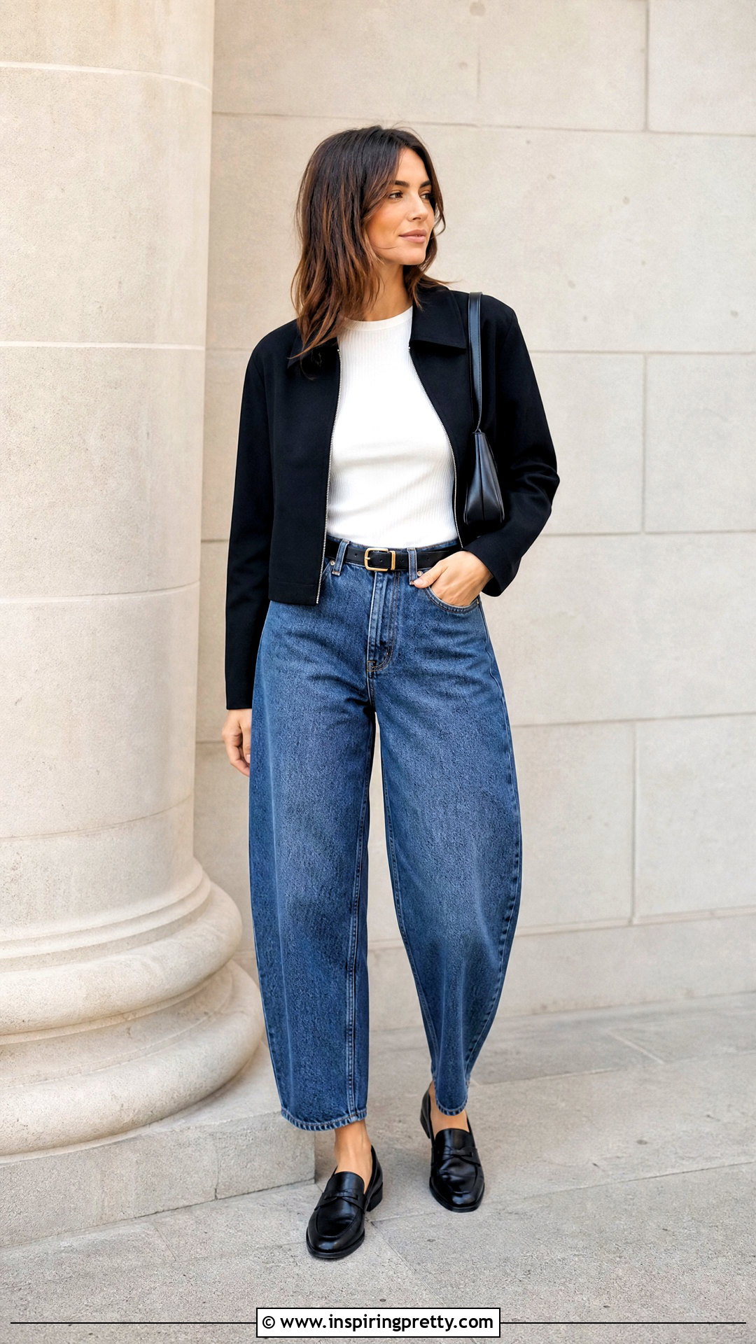 Fitted T Shirt With Barrel Jeans - 50 jeans top outfit ideas